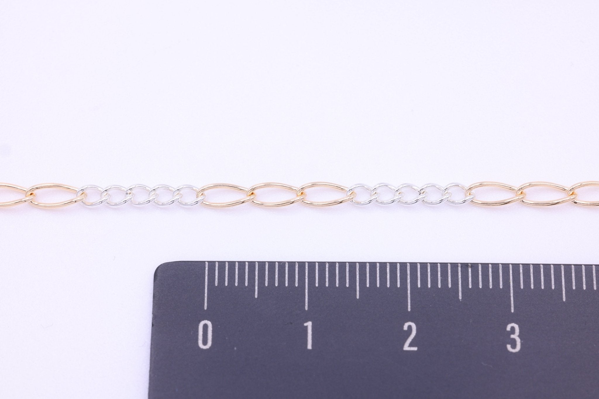 2mm x 3.5mm Figaro Two Tone Chain, 14/20 Gold - Filled and 925 Sterling Silver, Wholesale, Pay Per Foot, 5 & 3 Link Jewelry Making Chain - HarperCrown