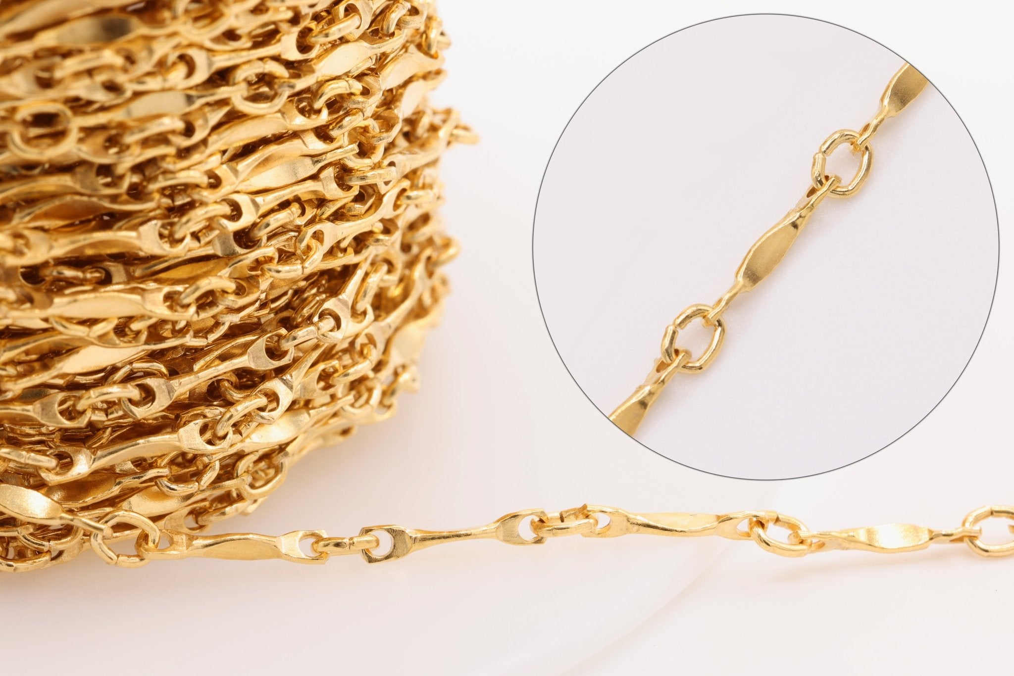 Dapped 2mm x 8mm Marquise Bar Link Chain, 14K Solid Gold, Dapped Bar Long Sho