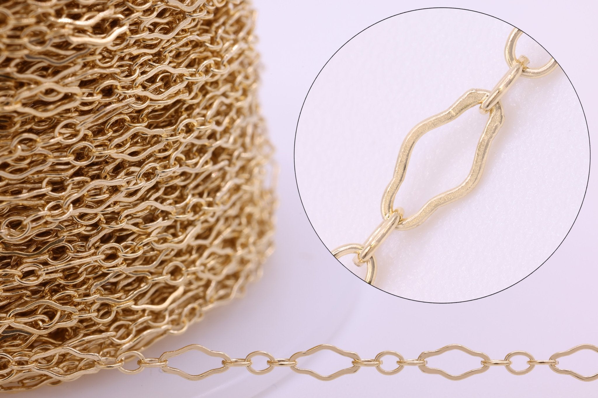 3mm x 5mm Fancy Long & Short Krinkle Chain, Gold - Filled, Bulk DIY Spool Pay Per Foot Jewelry Making Chain - HarperCrown