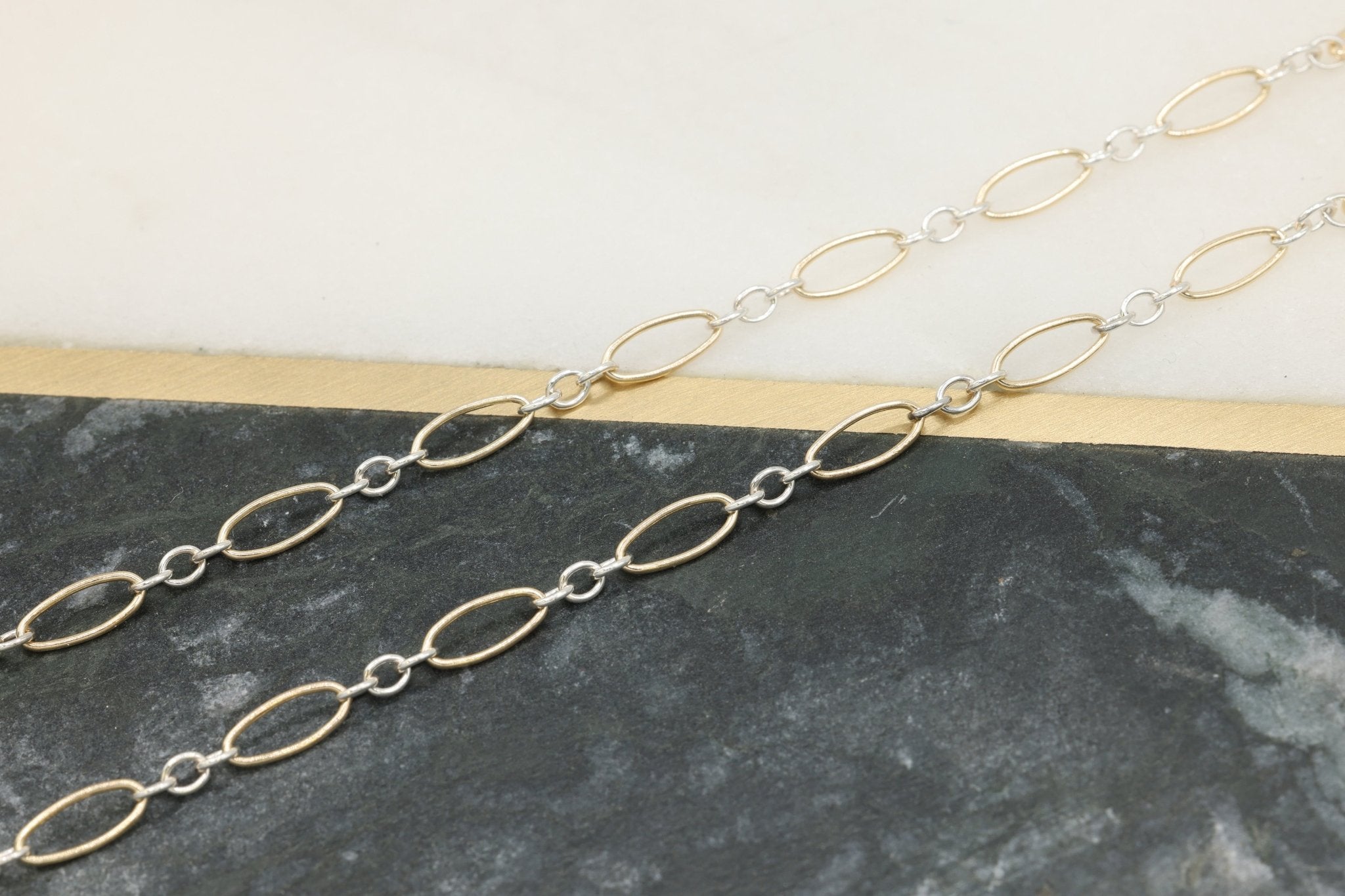 3mm x 7.5mm Long & Short Oval Two Tone Chain, 14/20 Gold - Filled or 925 Sterling Silver, Wholesale, Pay Per Foot, Jewelry Making Chain - HarperCrown