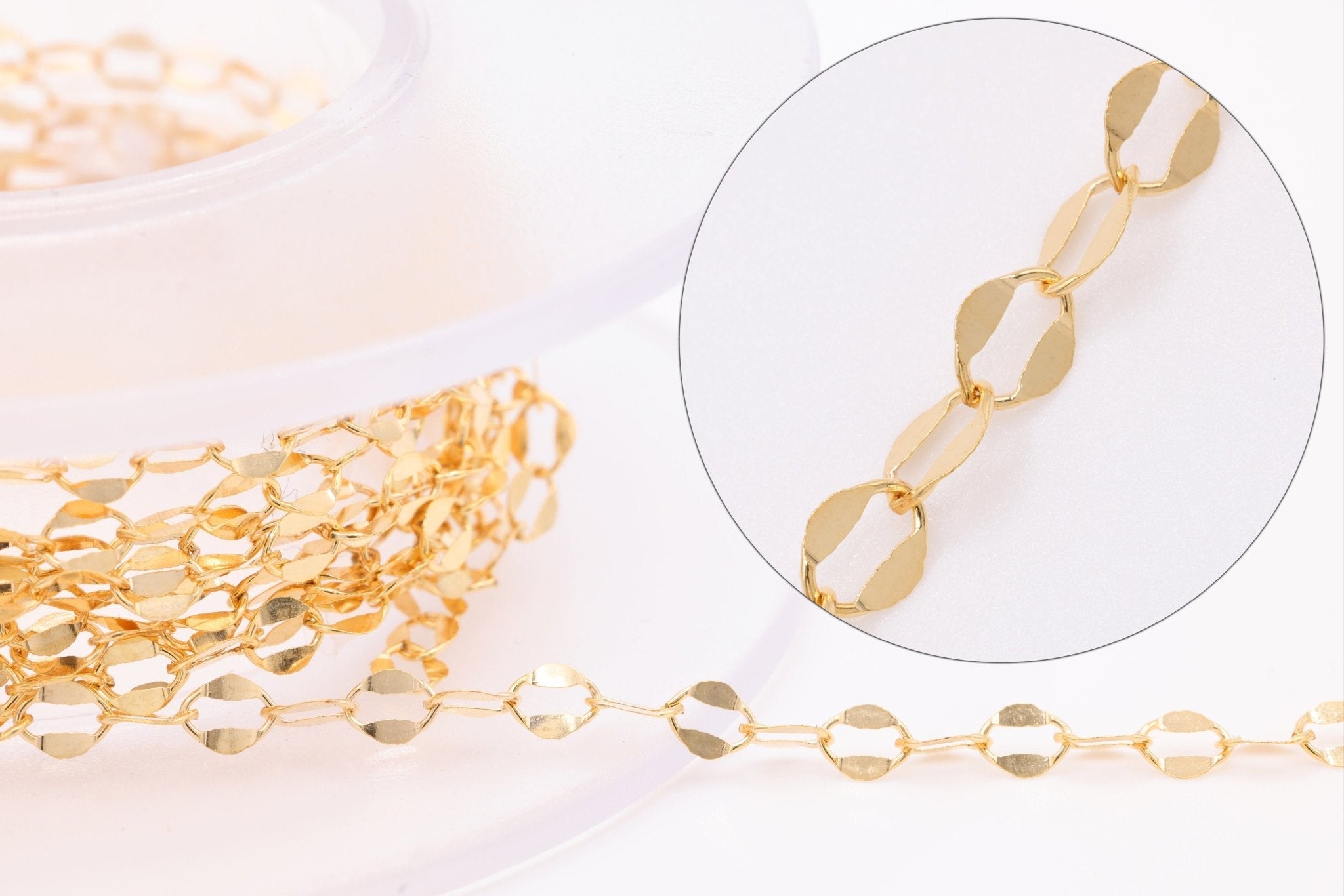 4mm Dapped Oval Chain, 14K Solid Gold, Flat Oval Chain Uncut per Foot, Jewelry Making Chain - HarperCrown