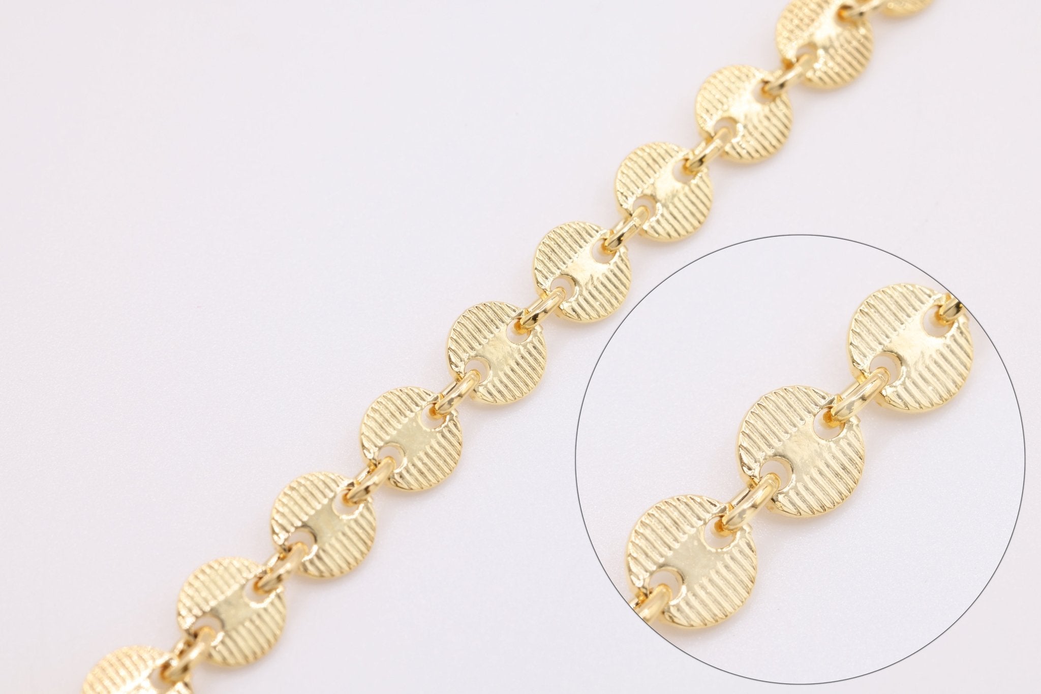 4mm Textured Sequin Disc Chain, Gold - Filled, Bulk Pay Per Foot Jewelry Making Chain - HarperCrown
