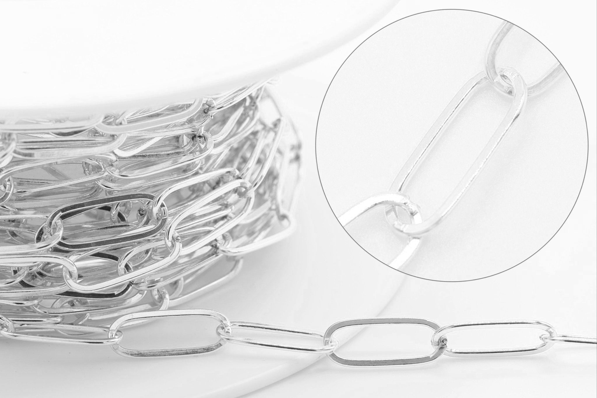 4mm x 12mm Flat Paperclip Chain, Wholesale, 925 Sterling Silver, Elongated Rectangular Drawn Cable, Bulk Pay Per Foot Uncut Spools For Jewelers - HarperCrown