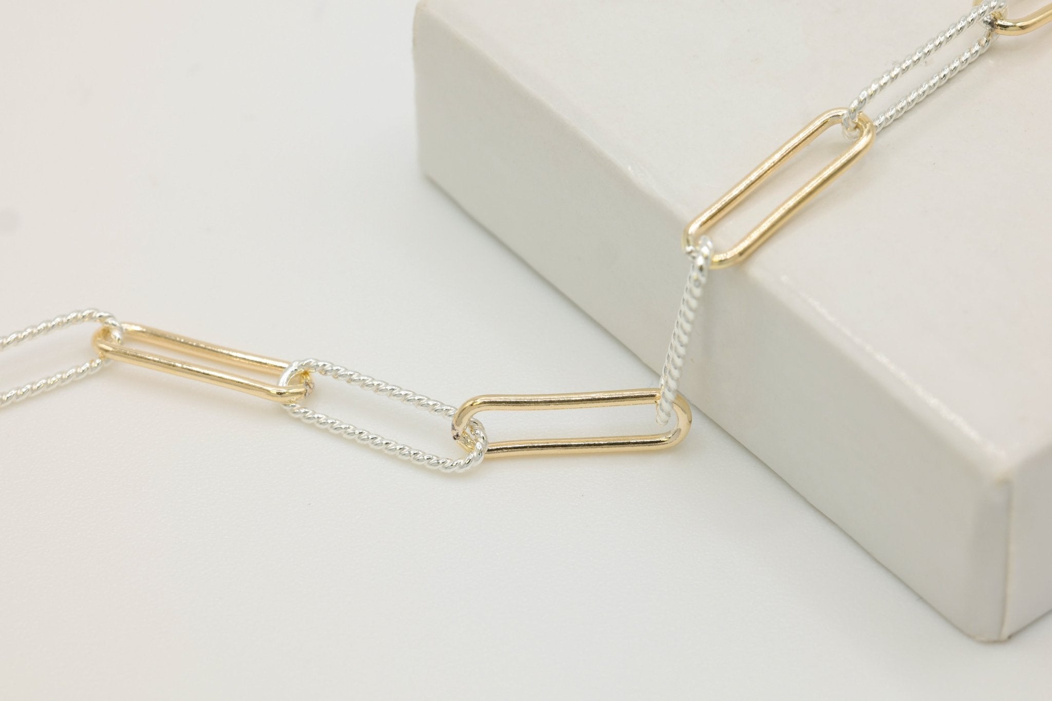 4mm x 13.5mm Elongated Knurled Cable Two Tone Chain, 14/20 Gold - Filled and 925 Sterling Silver, Wholesale, Pay Per Foot, Permanent Jewelry Making Chain - HarperCrown