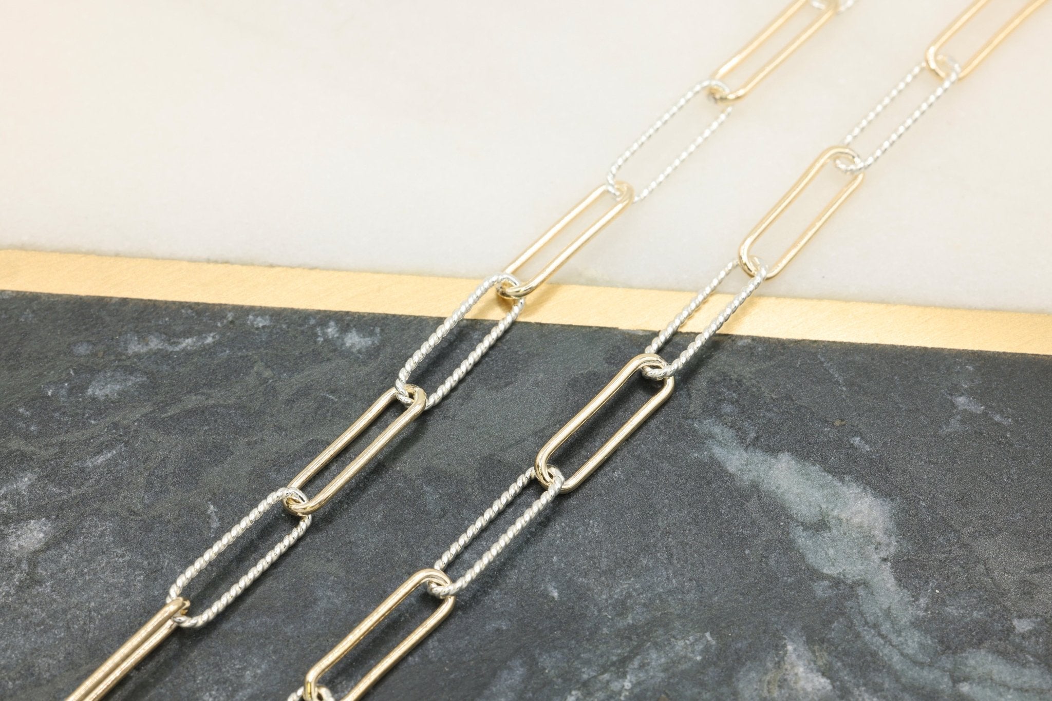 4mm x 13.5mm Elongated Knurled Cable Two Tone Chain, 14/20 Gold - Filled and 925 Sterling Silver, Wholesale, Pay Per Foot, Permanent Jewelry Making Chain - HarperCrown