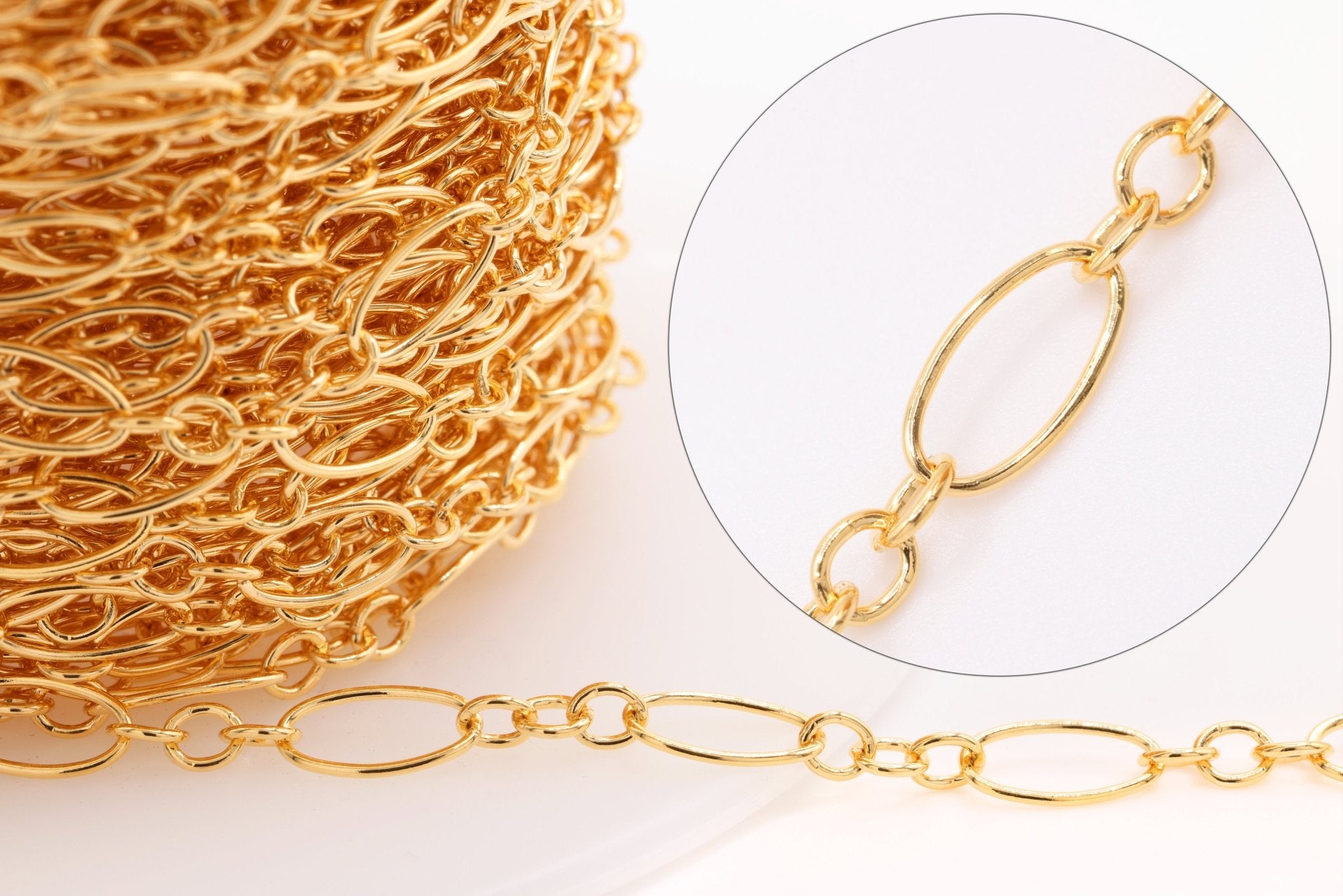 4mm x 7.5mm Long & Short Oval Chain, Gold - Filled or Sterling Silver, Bulk Pay Per Foot Uncut Spools For Jewelers - HarperCrown
