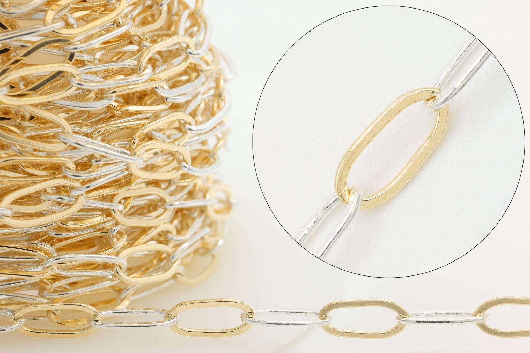 4mm x 9mm Elongated Cable Two Tone Chain, 14/20 Gold - Filled or 925 Sterling Silver, Wholesale, Pay Per Foot, Jewelry Making Chain - HarperCrown