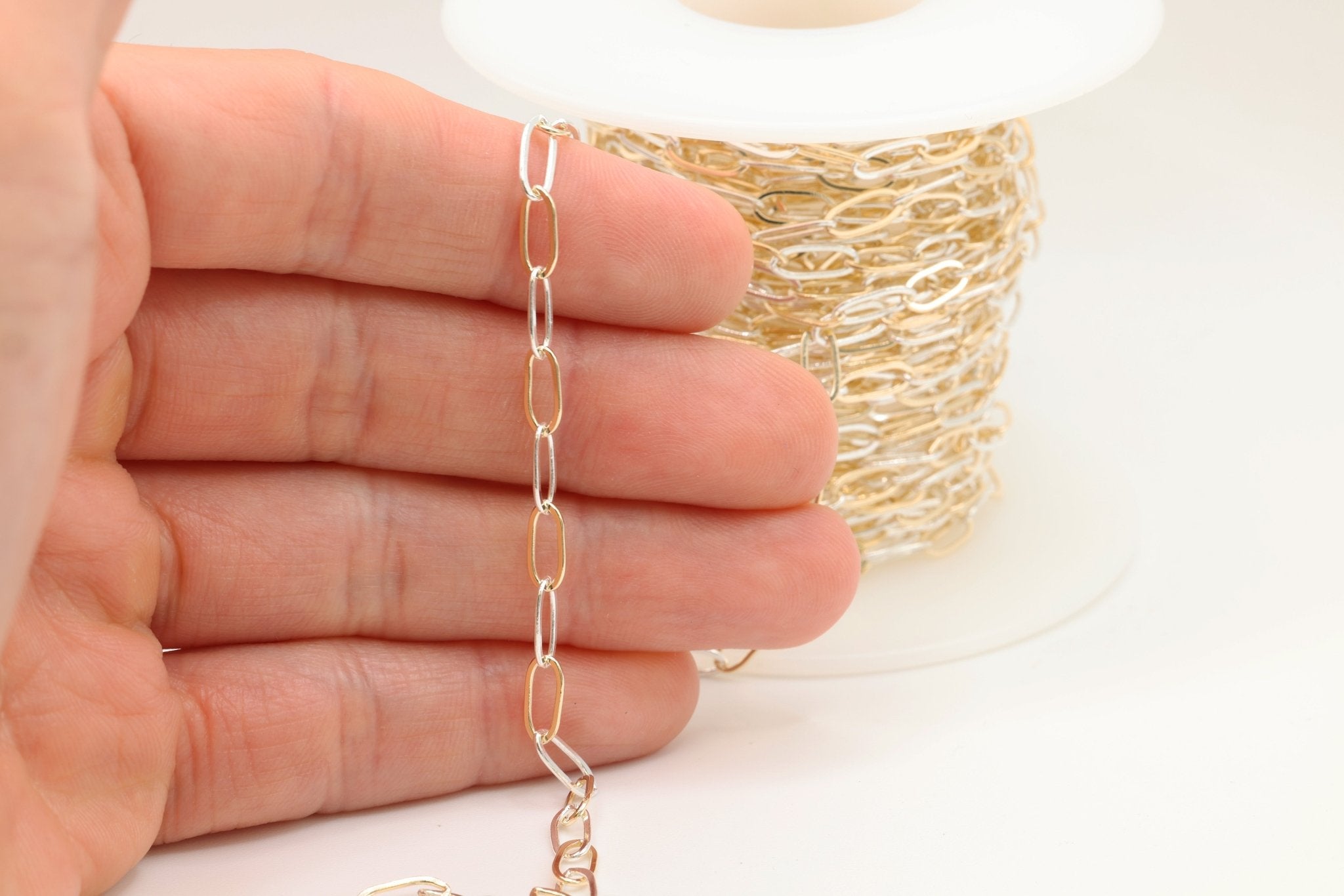 4mm x 9mm Elongated Cable Two Tone Chain, 14/20 Gold - Filled or 925 Sterling Silver, Wholesale, Pay Per Foot, Jewelry Making Chain - HarperCrown