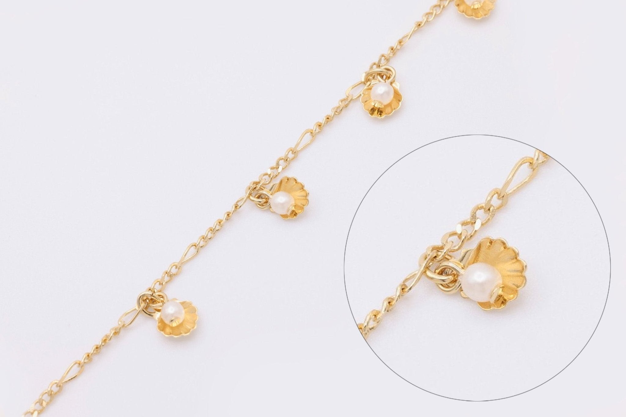 6mm x 7mm Seashell with Pearl Figaro Chain, 14K Gold Overlay Plated, Wholesale Jewelry Chain - HarperCrown