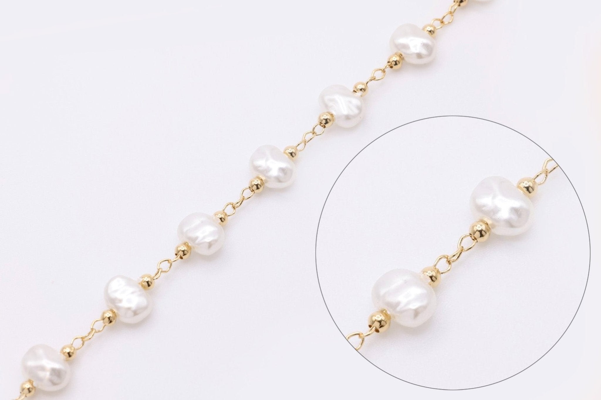 7mm x 5mm Pearl Satellite Chain, 14K Gold Overlay Plated, Wholesale Jewelry Chain - HarperCrown