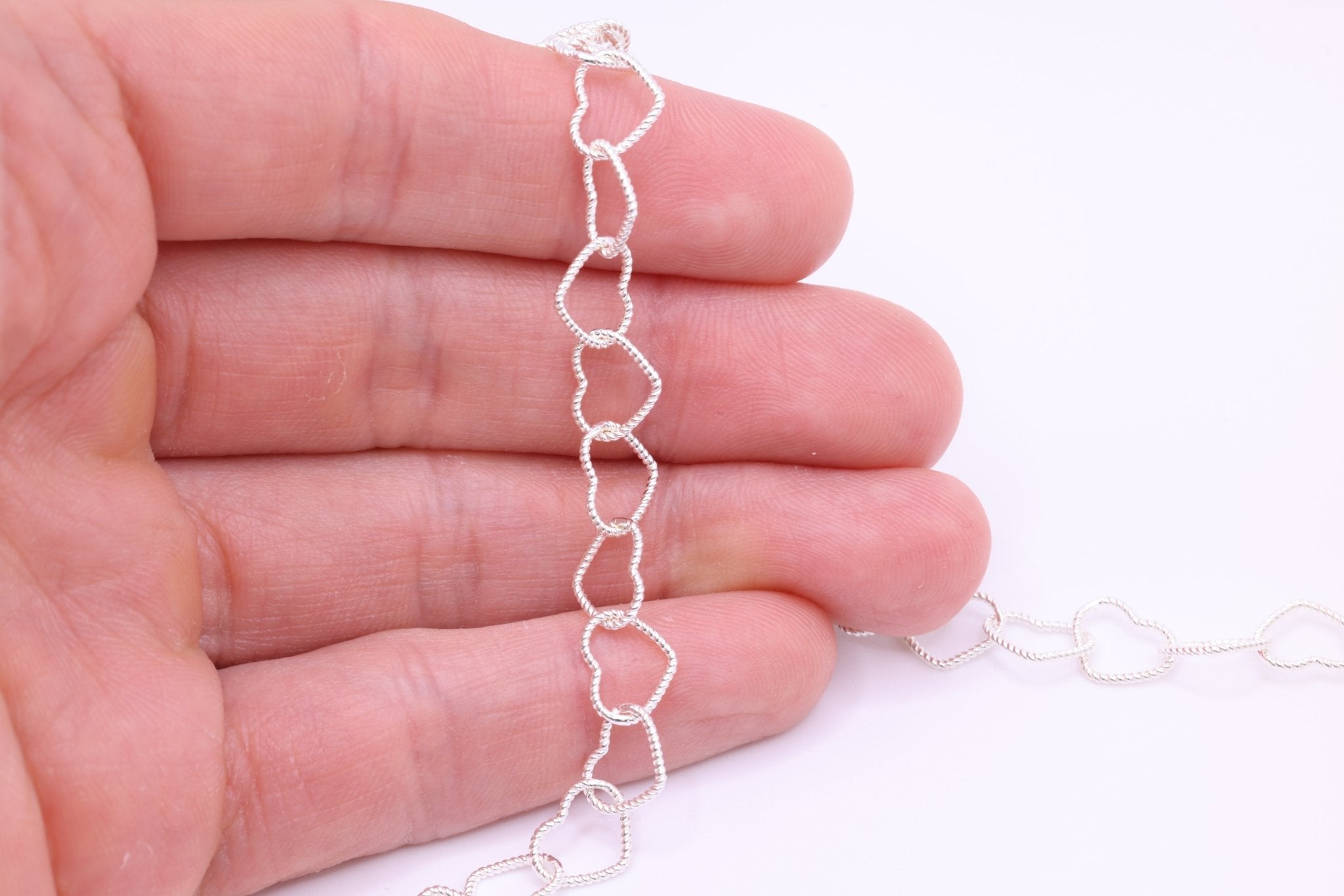 9mm x 8mm Knurled Heart Chain, 925 Sterling Silver, Wholesale, Pay Per Inch, Jewelry Making Chain - HarperCrown