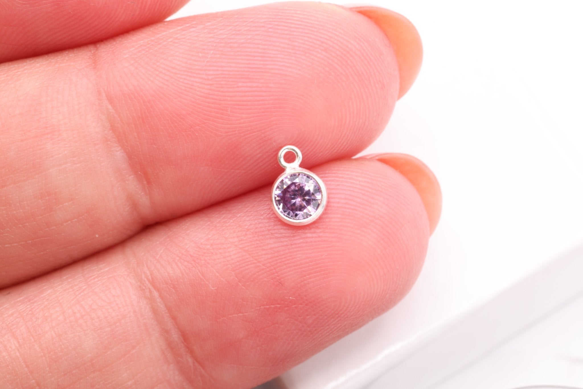 Amethyst CZ Drop Charm, February Birthstone, Sterling Silver, 6mm x 4mm, Wholesale Bulk DIY Wholesale Jewelry Making Charm - HarperCrown