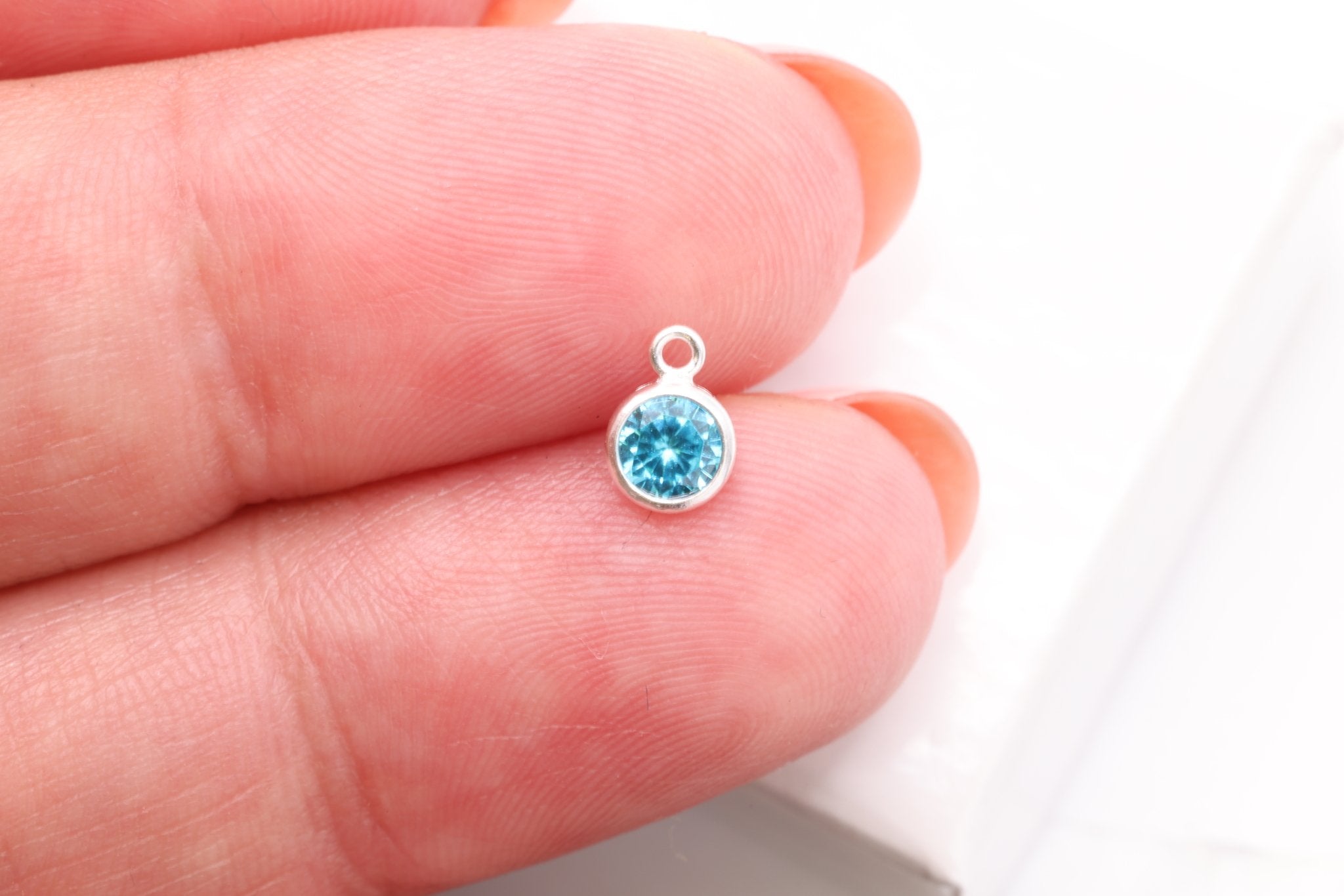 Blue Topaz CZ Drop Charm, December Birthstone, Sterling Silver, 6mm x 4mm, Wholesale Bulk DIY Wholesale Jewelry Making Charm - HarperCrown