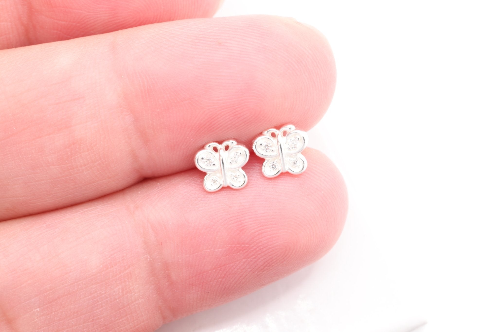 Butterfly CZ Stud Earrings, 1 pair Sterling Silver, 6mm x 5mm, Minimalist Delicate, Wholesale Jewelry Earrings - HarperCrown