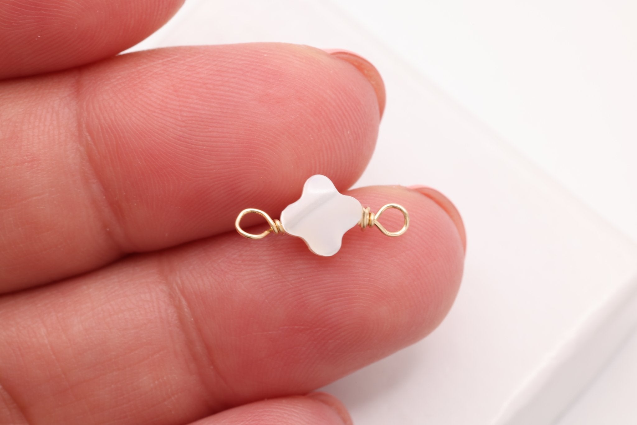 Clover Mother of Pearl Connector Charm, Gold - Filled, 14mm x 6mm, Wire Wrapped Pearl, Bulk DIY Wholesale Jewelry Making Charm - HarperCrown