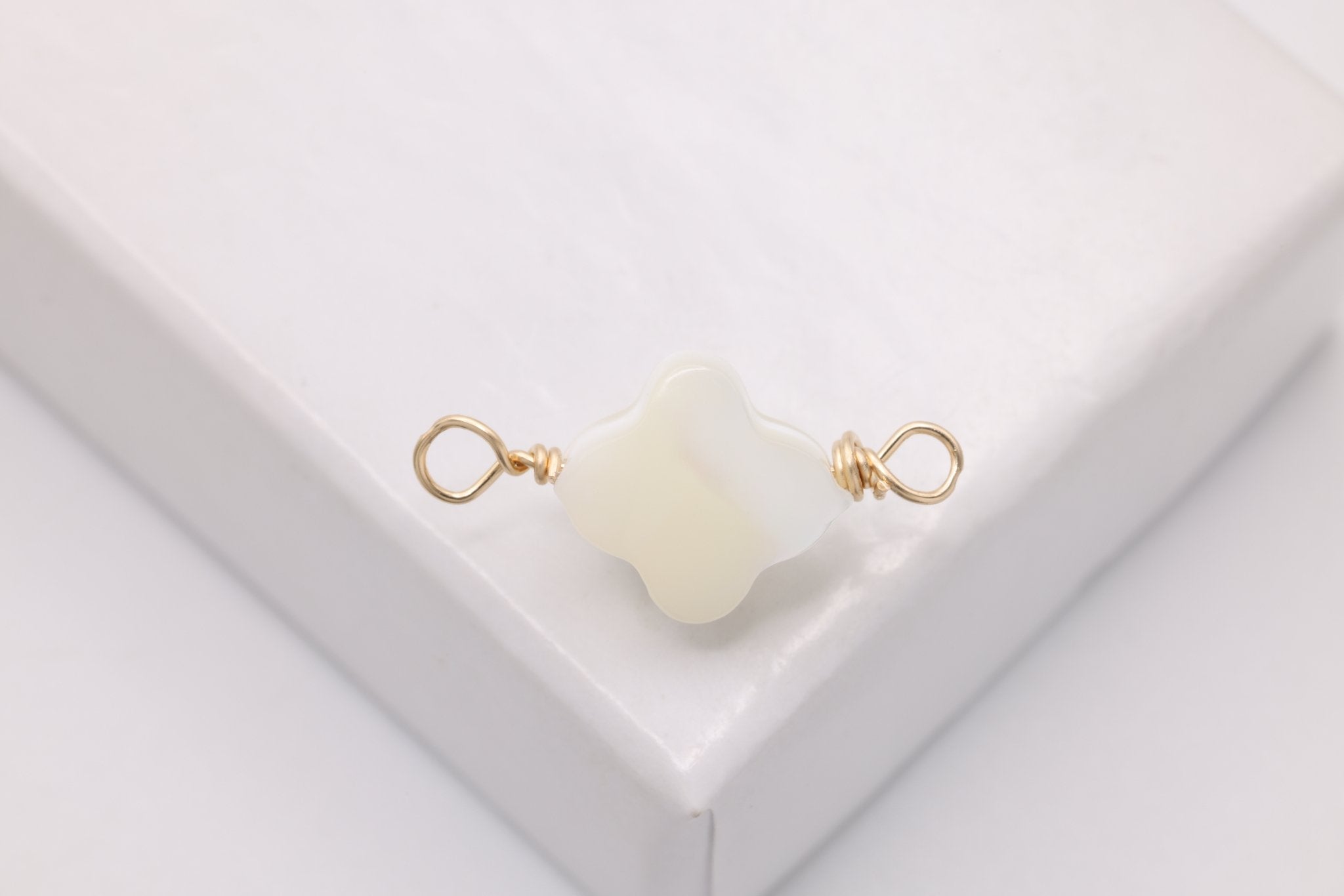 Clover Mother of Pearl Connector Charm, Gold - Filled, 16mm x 8mm, Wire Wrapped Pearl, Bulk DIY Wholesale Jewelry Making Charm - HarperCrown