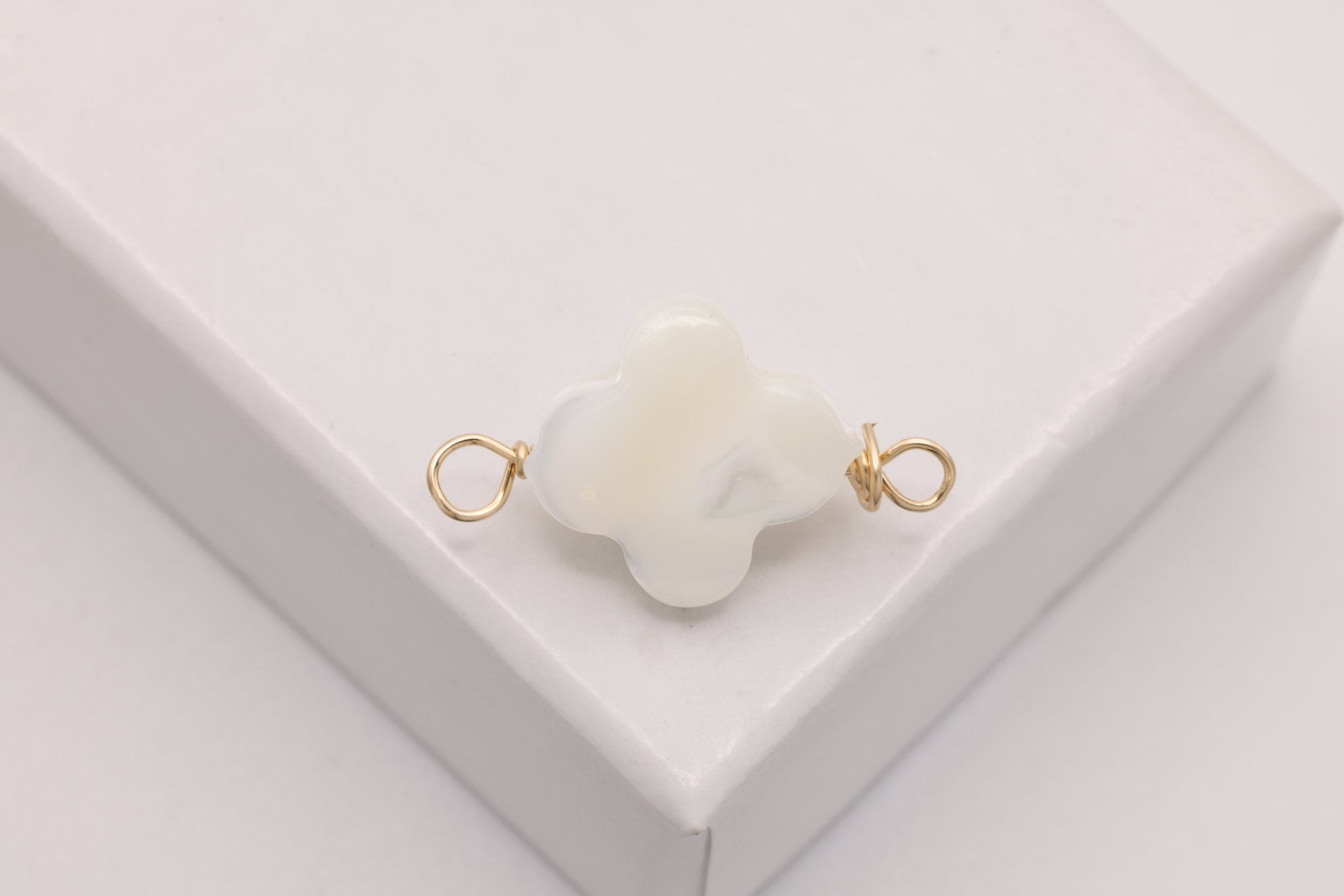 Clover Mother of Pearl Connector Charm, Gold - Filled, 17mm x 10mm, Wire Wrapped Pearl, Bulk DIY Wholesale Jewelry Making Charm - HarperCrown