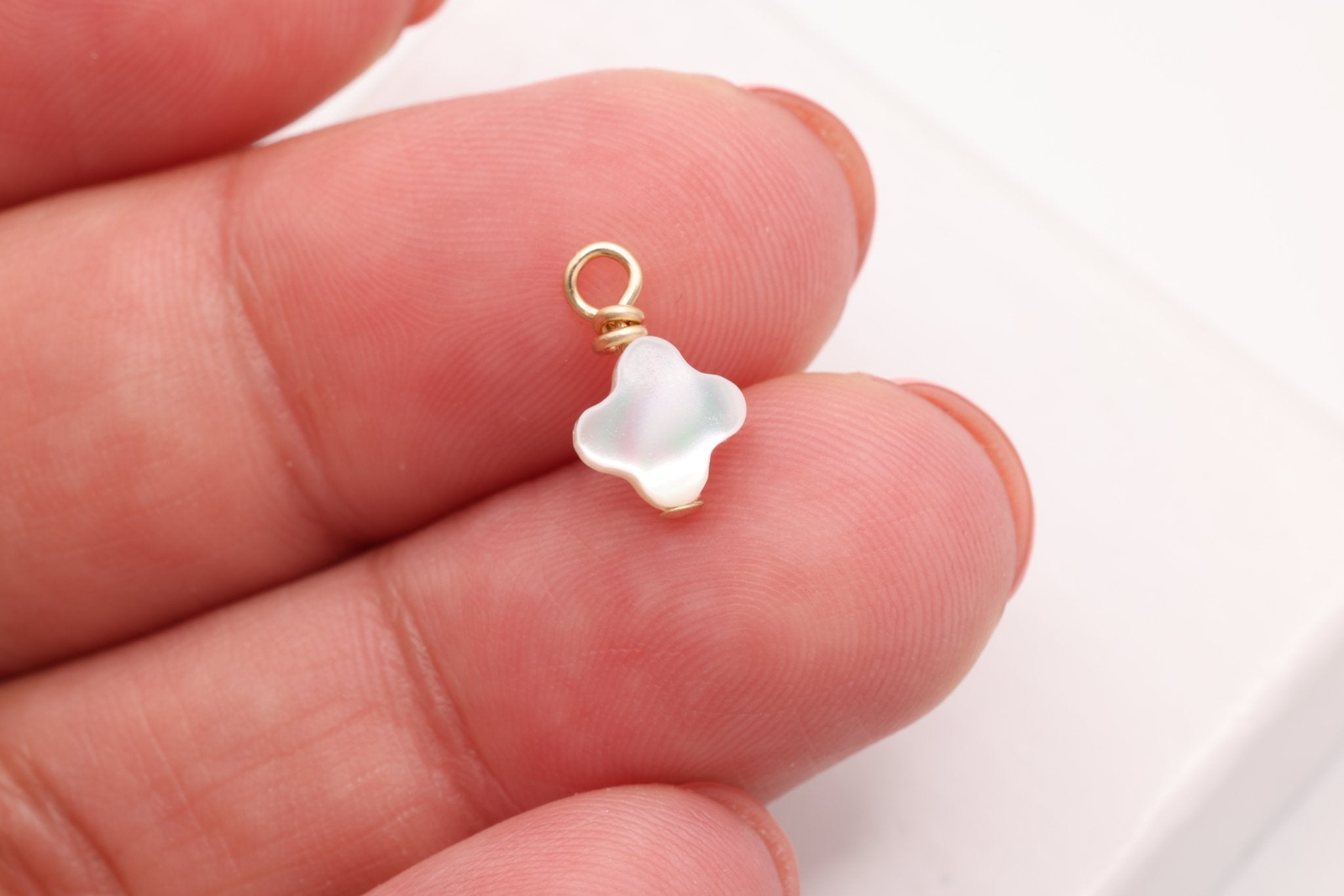 Clover Mother of Pearl Drop Charm, Gold - Filled, 10mm x 6mm, Wire Wrapped Pearl, Bulk DIY Wholesale Jewelry Making Charm - HarperCrown