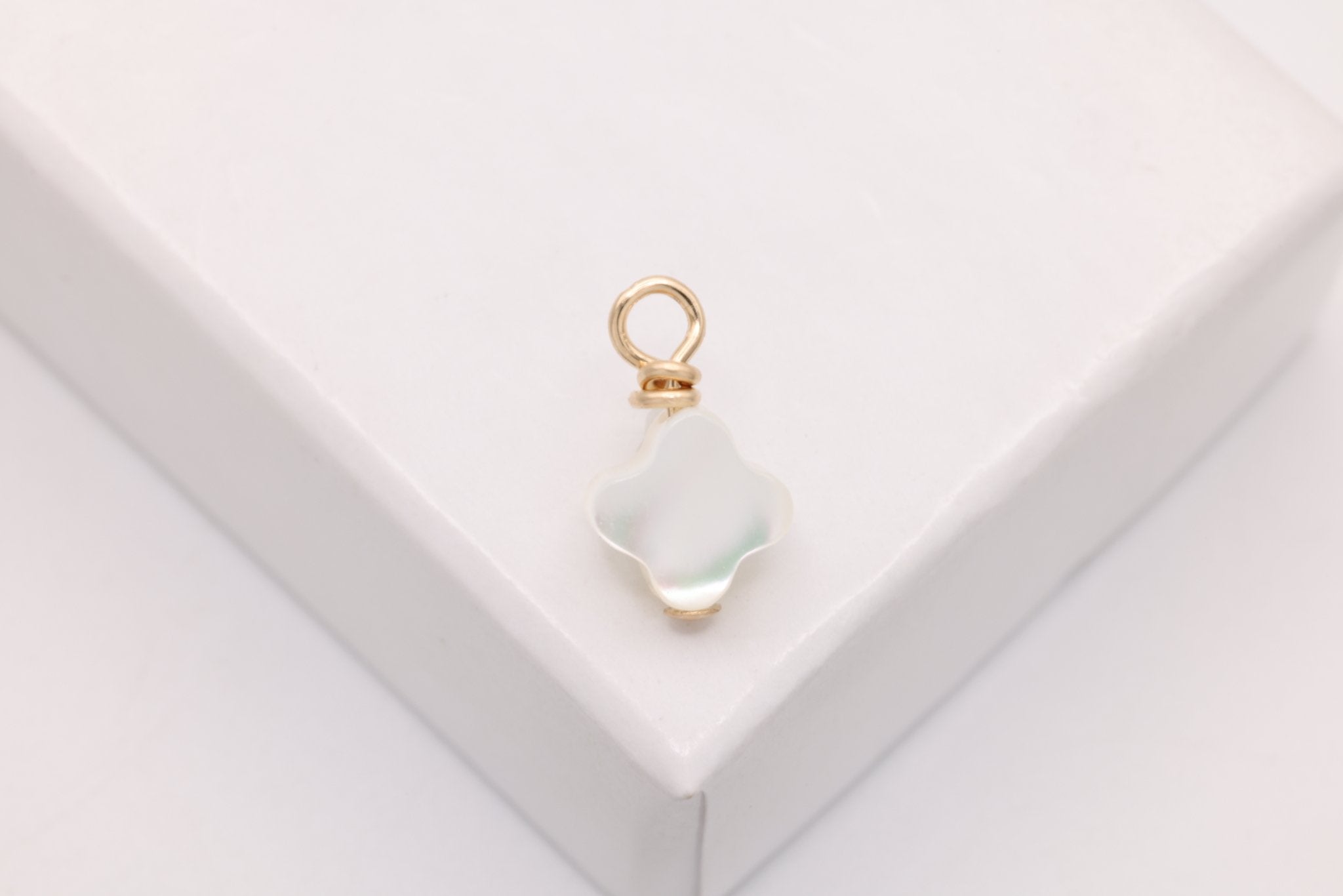 Clover Mother of Pearl Drop Charm, Gold - Filled, 10mm x 6mm, Wire Wrapped Pearl, Bulk DIY Wholesale Jewelry Making Charm - HarperCrown