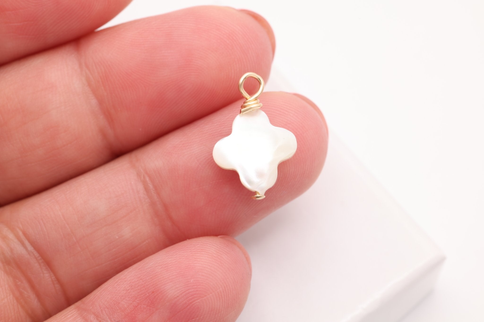 Clover Mother of Pearl Drop Charm, Gold - Filled, 15mm x 10mm, Wire Wrapped Pearl, Bulk DIY Wholesale Jewelry Making Charm - HarperCrown