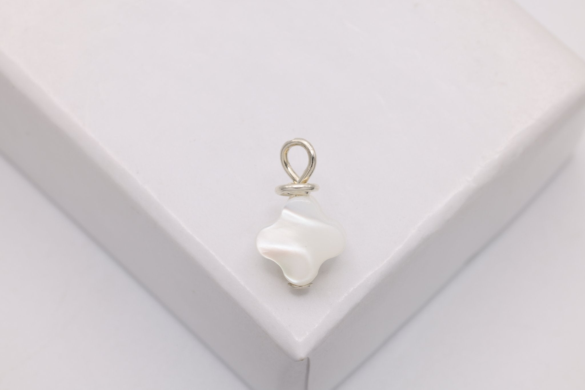 Clover Mother of Pearl Drop Charm, Sterling Silver, 10mm x 6mm, Wire Wrapped Pearl, Bulk DIY Wholesale Jewelry Making Charm - HarperCrown