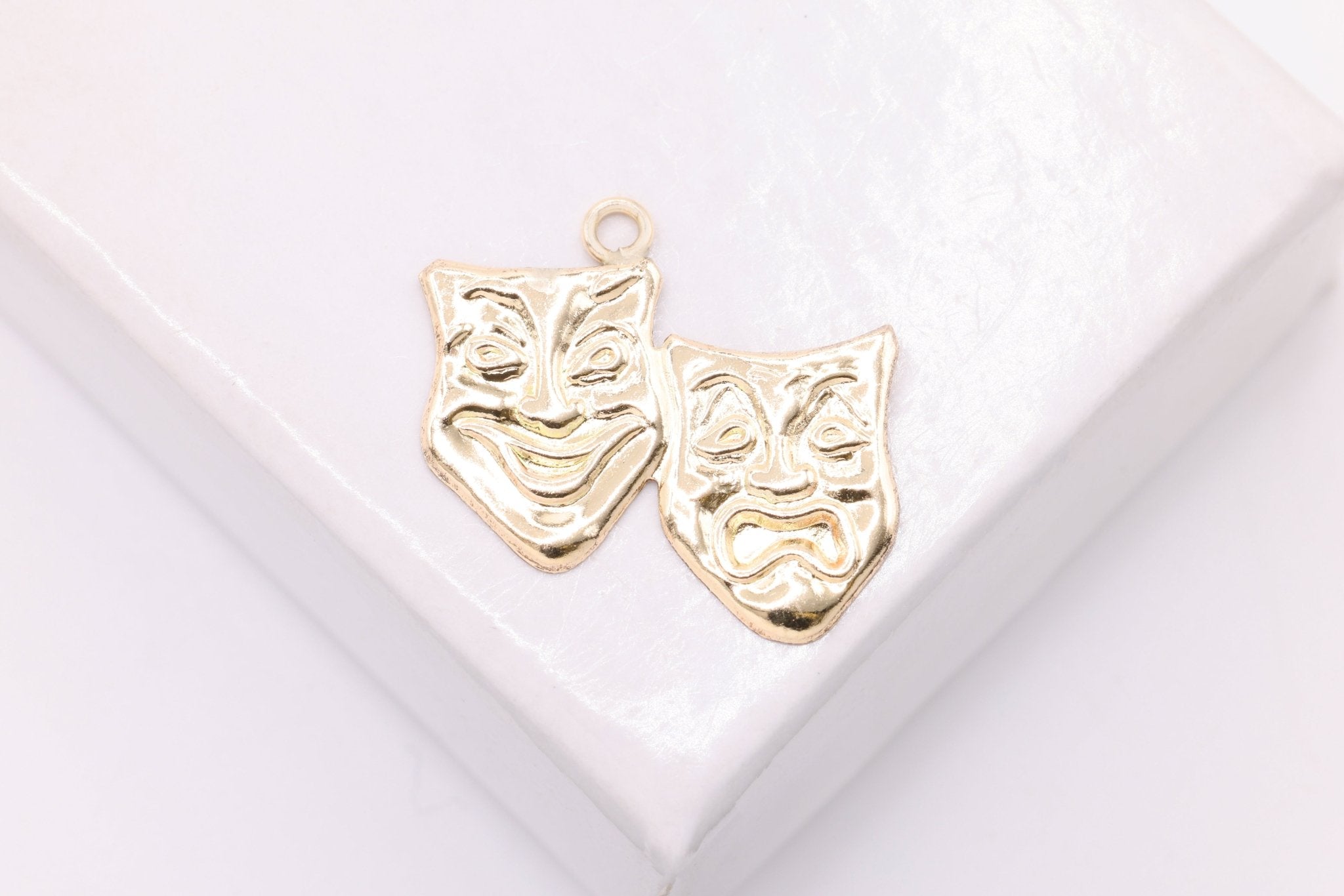 Comedy & Tragedy Theatre Mask Charm, Wholesale, 14/20 Gold - Filled, 15mm x 13mm, Theatrical Masks Joy and Sorrow - HarperCrown
