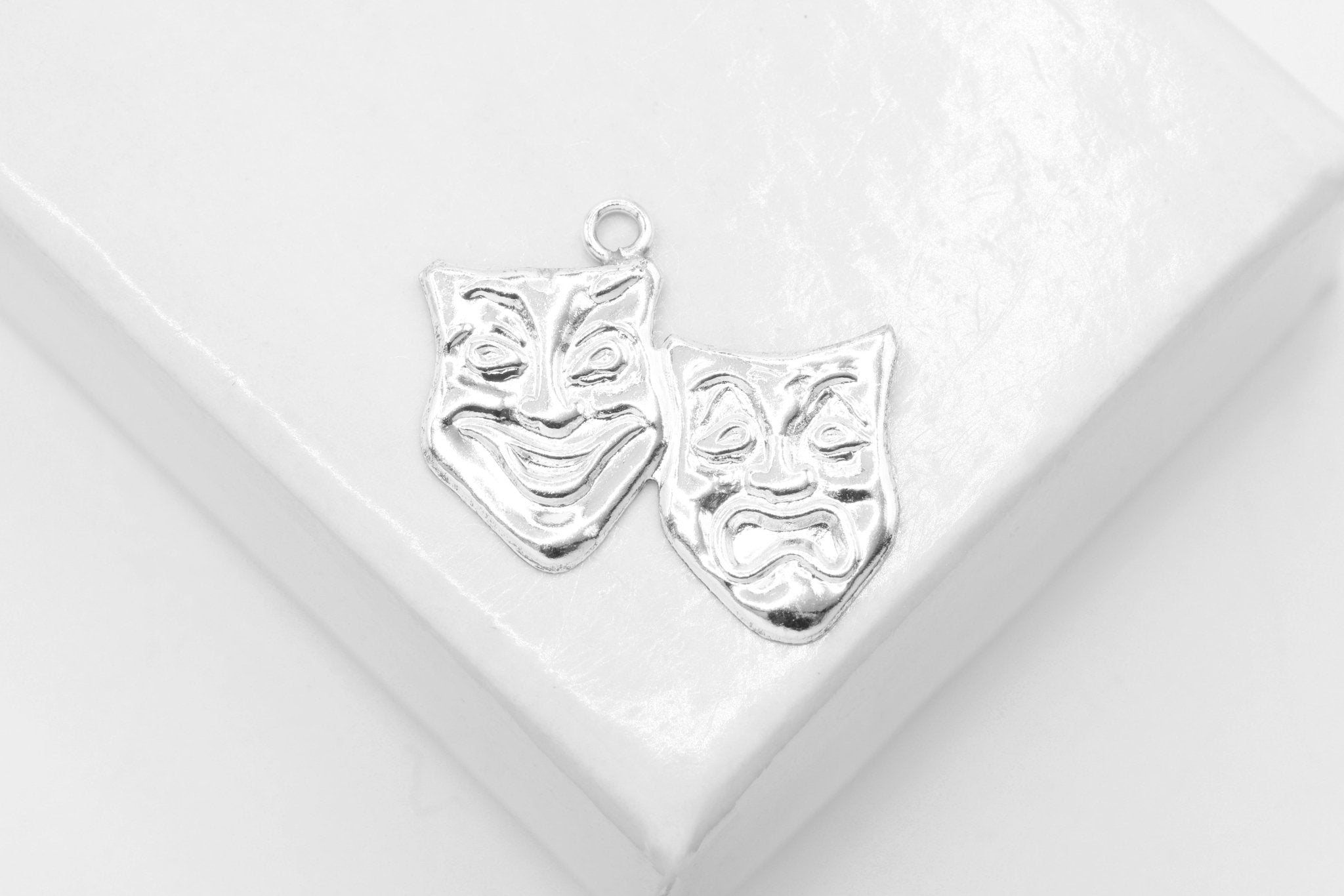 Comedy & Tragedy Theatre Mask Charm, Wholesale, 925 Sterling Silver, 15mm x 13mm, Theatrical Masks Joy and Sorrow - HarperCrown