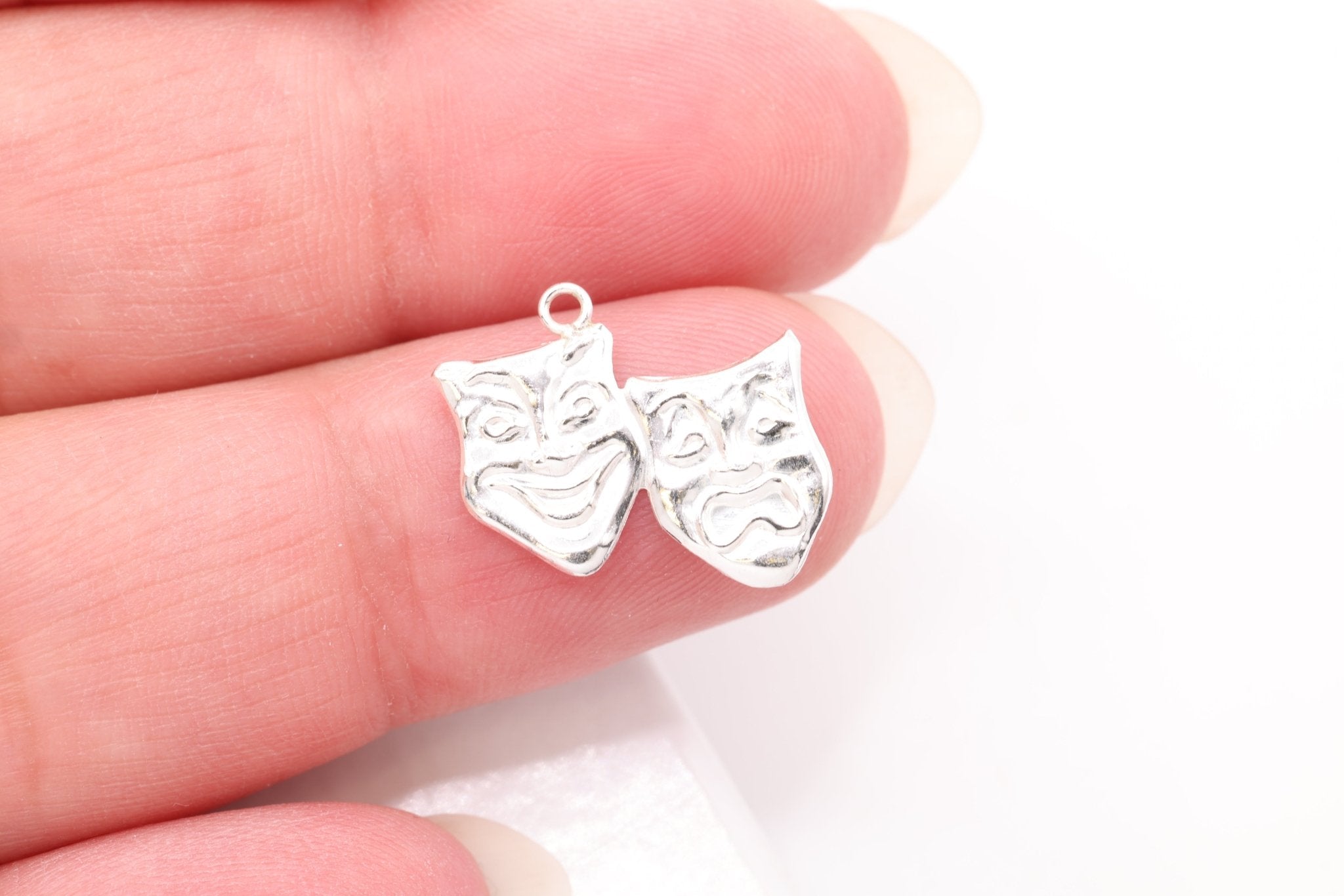 Comedy & Tragedy Theatre Mask Charm, Wholesale, 925 Sterling Silver, 15mm x 13mm, Theatrical Masks Joy and Sorrow - HarperCrown