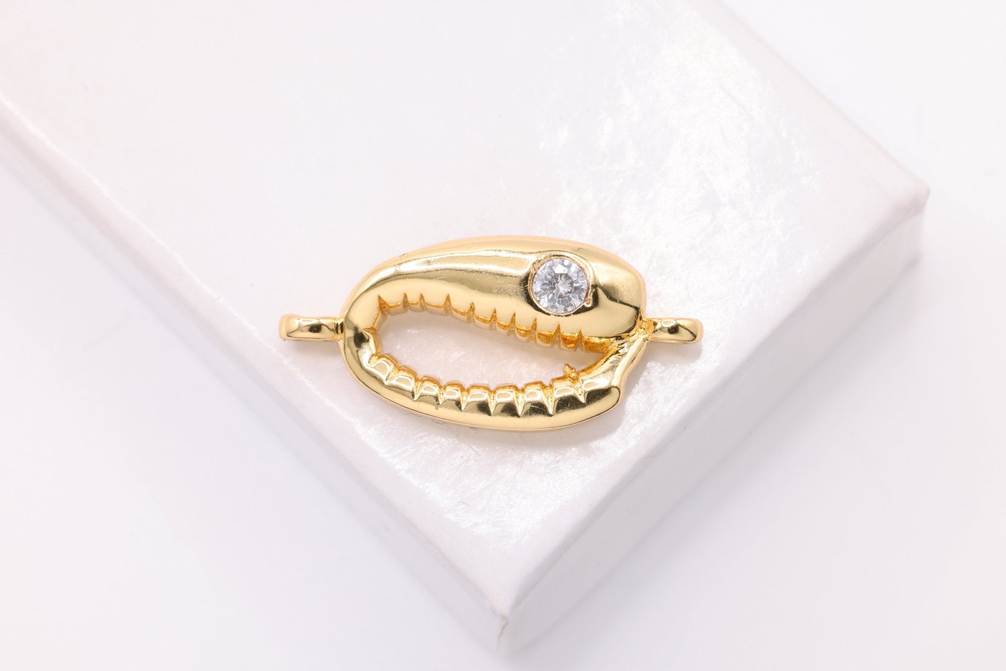 Cowry Shell Connector Charm Pendant, Wholesale, 18K Gold - Plated CZ, 16mm x 10mm, Cubic Zirconia - HarperCrown