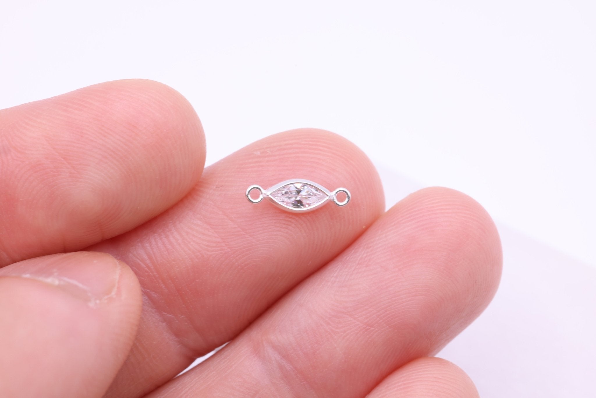 CZ Marquis Bezel Connector Charm, 925 Sterling Silver, 3mm x 6mm, White Cubic Zirconia Jewelry Making Charm - HarperCrown