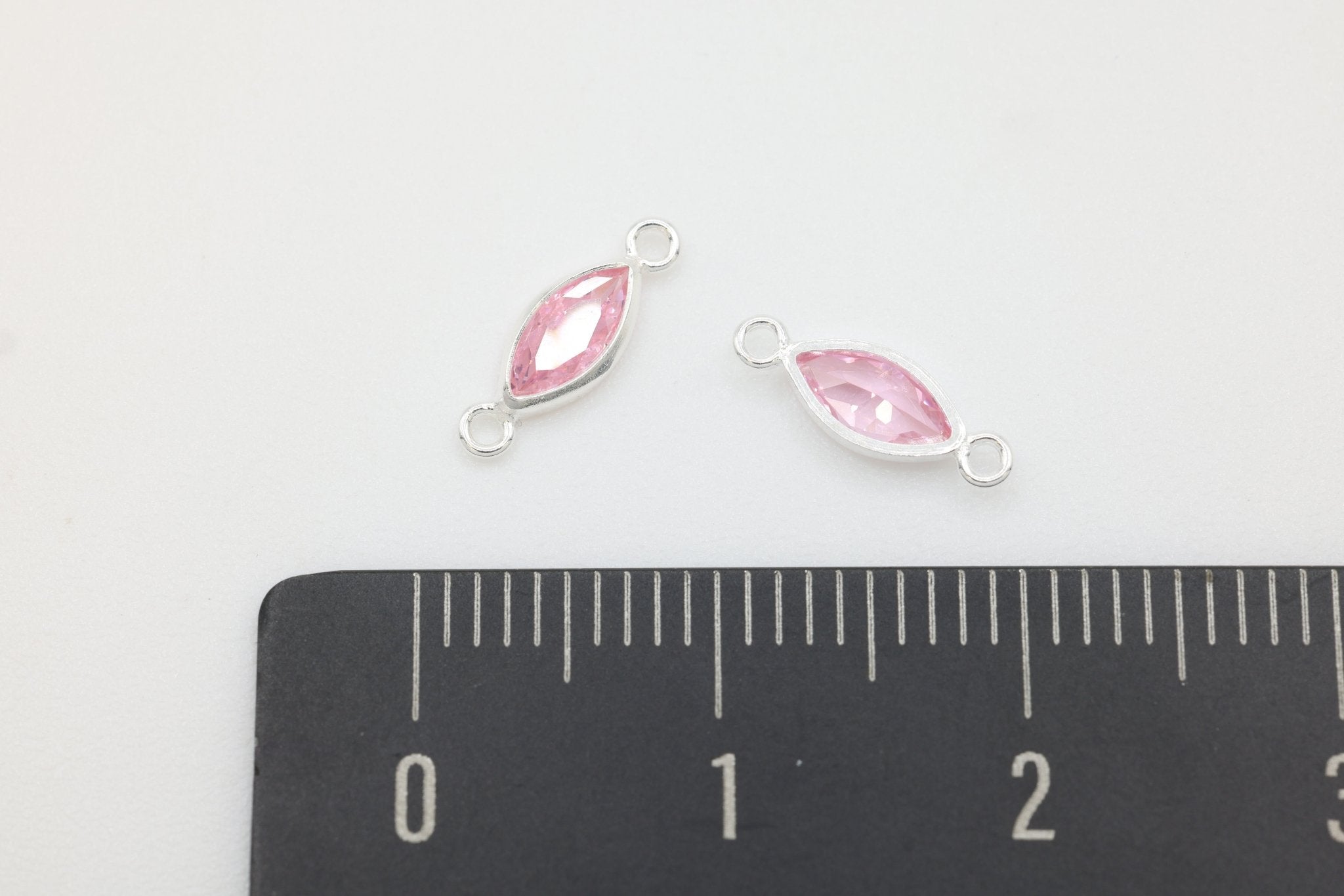 CZ Pink Marquis Bezel Connector Charm, 925 Sterling Silver, 3mm x 6mm, White Cubic Zirconia Jewelry Making Charm - HarperCrown