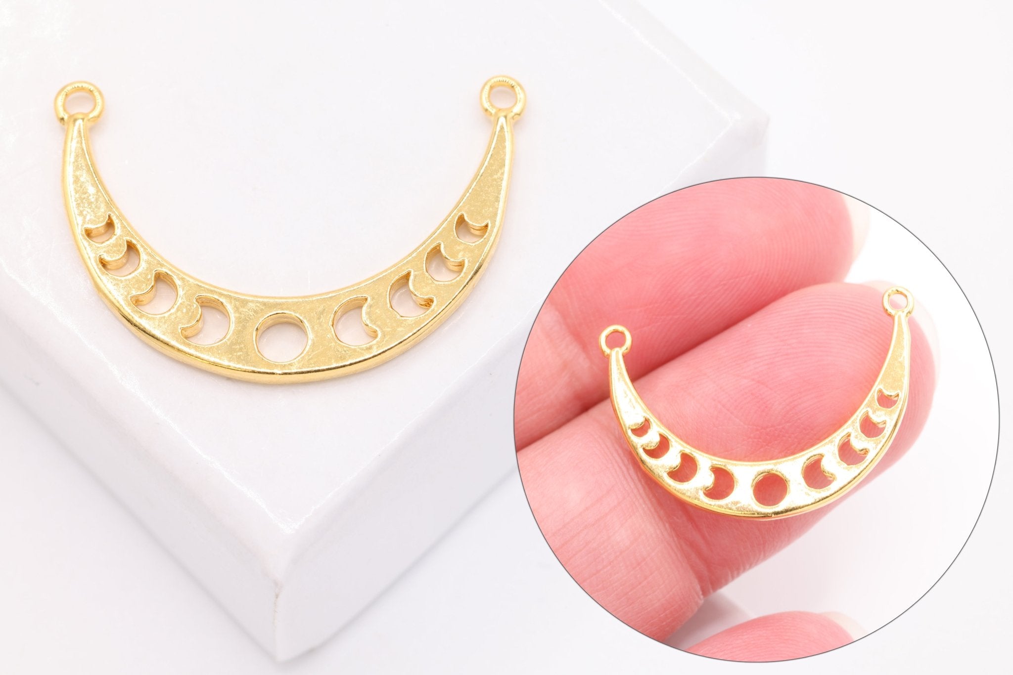 Eclipse Crescent Moon Connector Charm, 14K Solid Gold, Wholesale - HarperCrown
