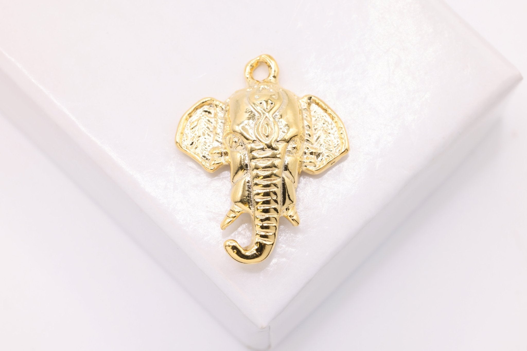 Elephant Head Charm, 14K Solid Gold, 20mm x 16mm, Safari Lucky Animal - HarperCrown