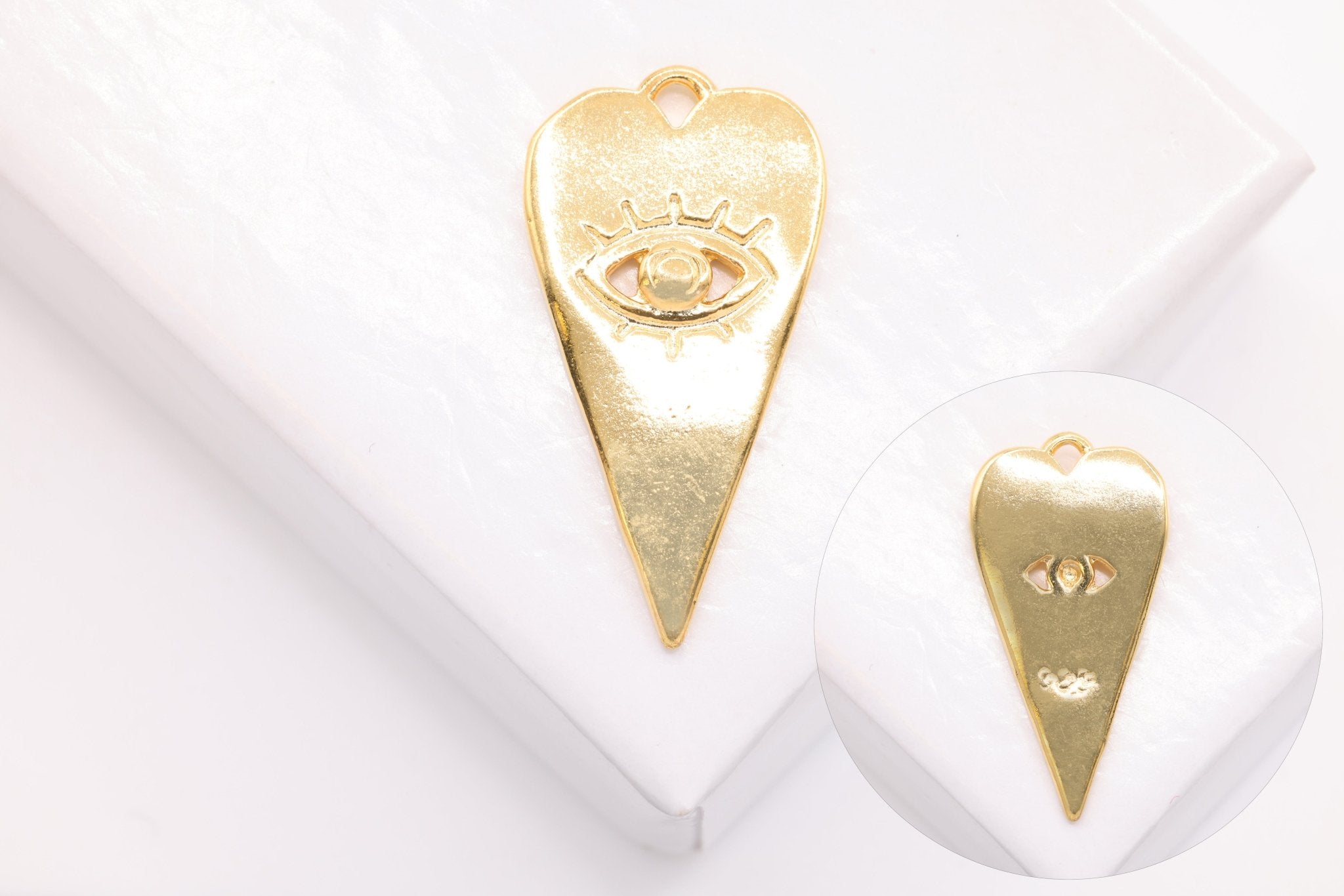 Evil Eye Heart Charm, Wholesale, 14K Gold, Solid 14K Gold, 22mm x 11mm - HarperCrown