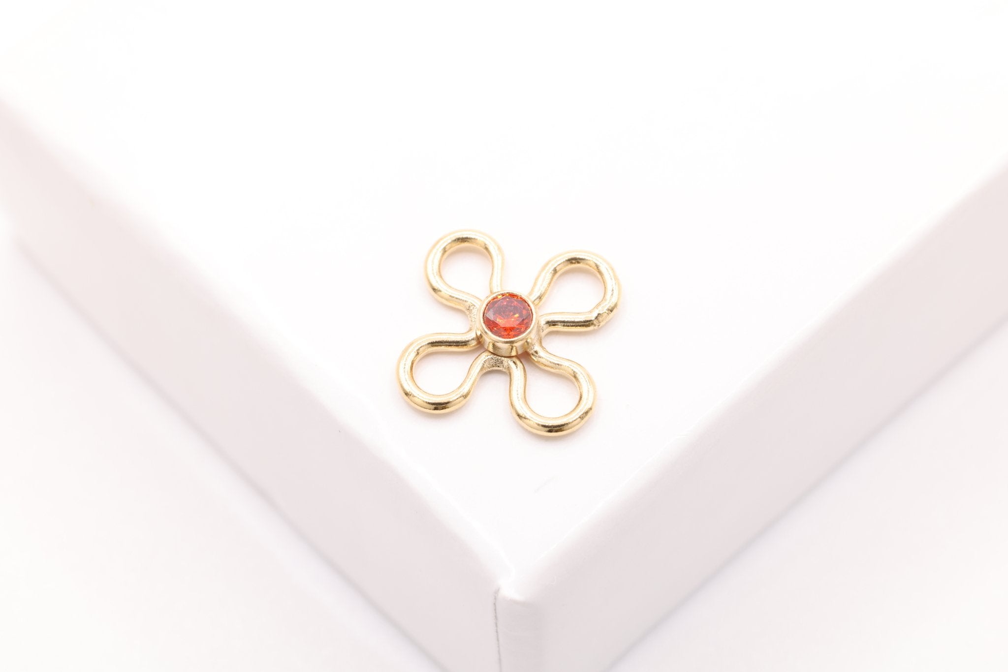 Flower Link, Ruby Red CZ Gold-Filled Wholesale Drop Charm, July Births
