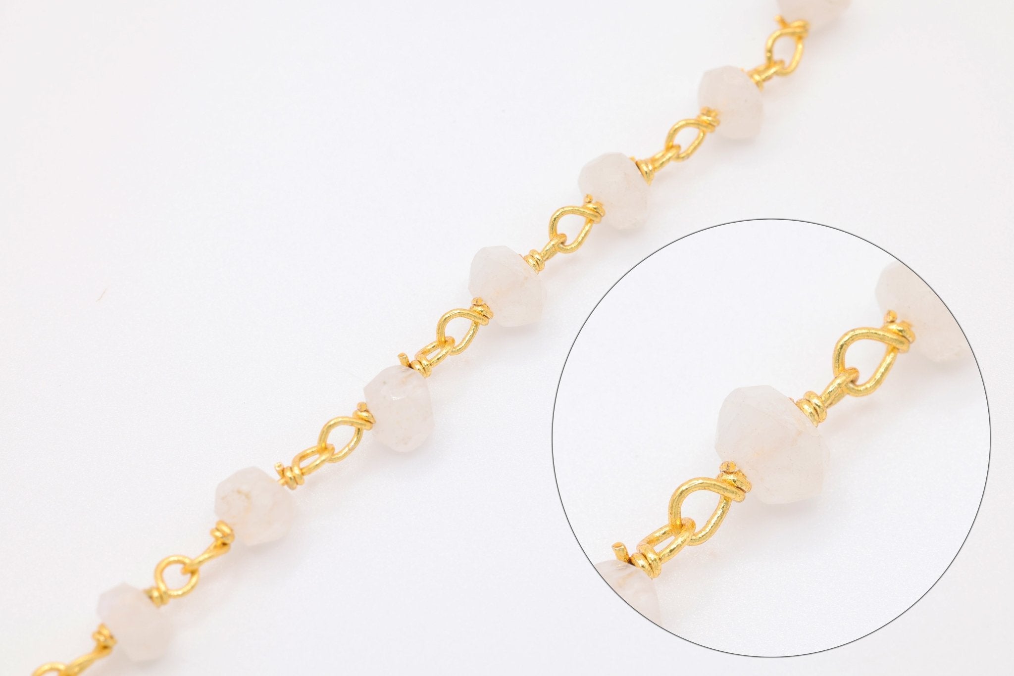 Gemstone Chain, Gold - Plated, Freshwater Pearl Pyrite Disco White Tourmaline Beaded Wire Chain - HarperCrown