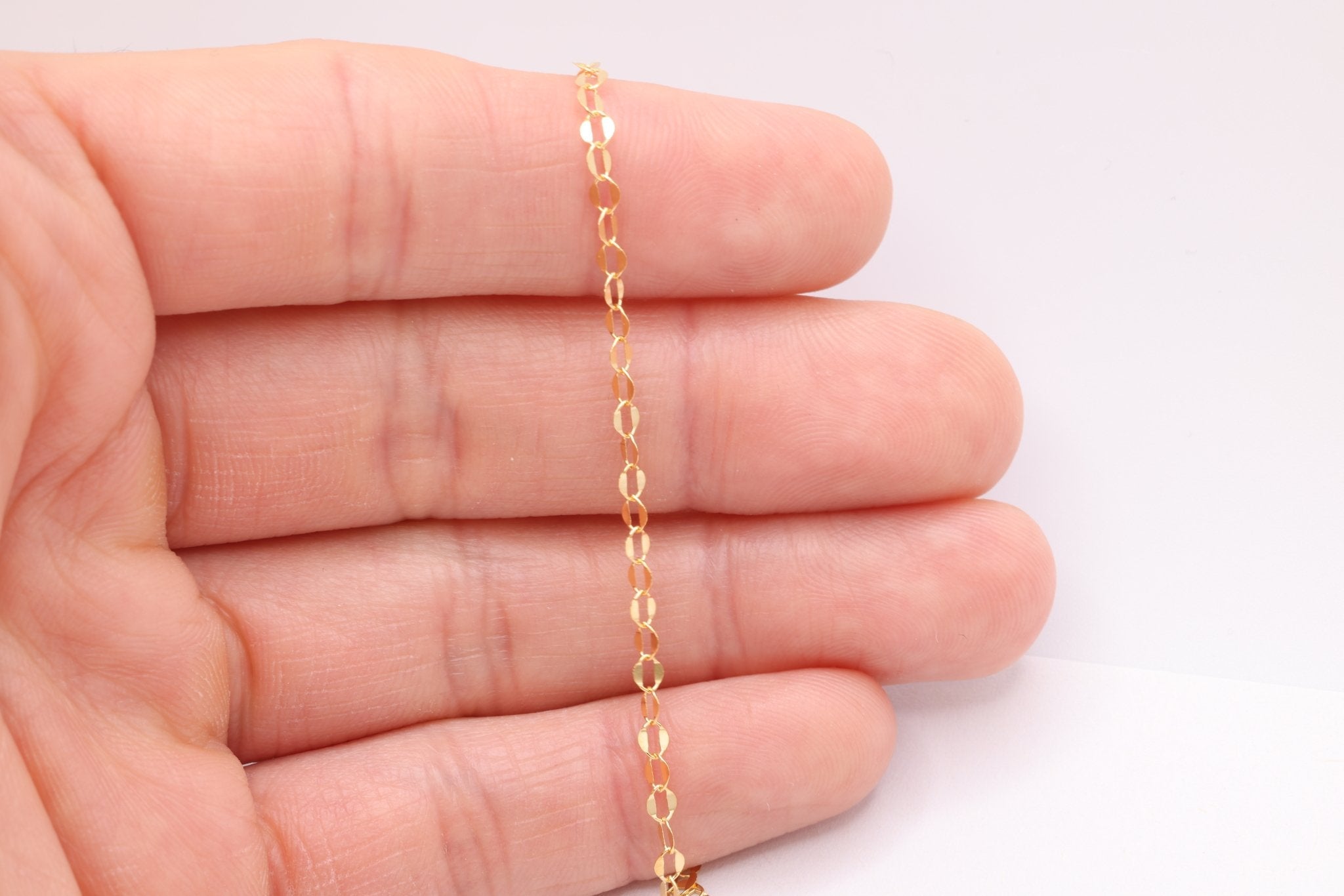 4mm Dapped Oval Chain, 14K Solid Gold, Flat Oval Chain Uncut per Foot, Jewelry Making Chain