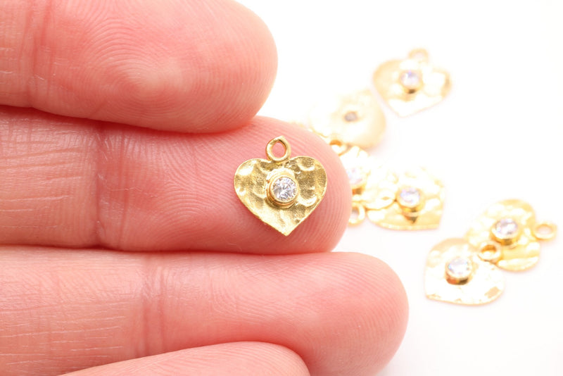 Gold Hammered Heart Charm with CZ, 14K Solid Gold, Jewelry Making Charm - HarperCrown