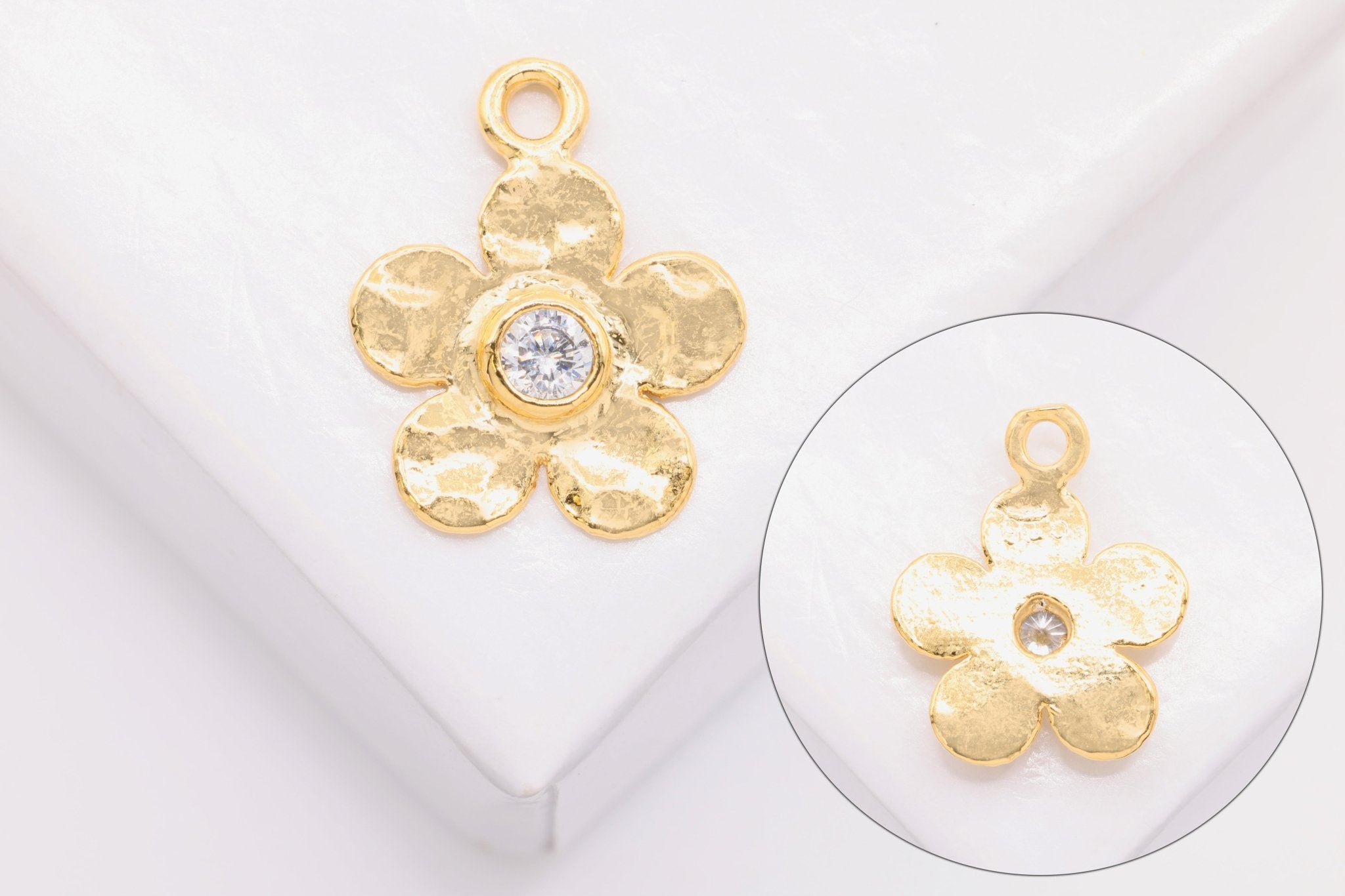 Hammered Flower Charm with CZ, 14K Gold, Wholesale, 10mm x 10mm - HarperCrown