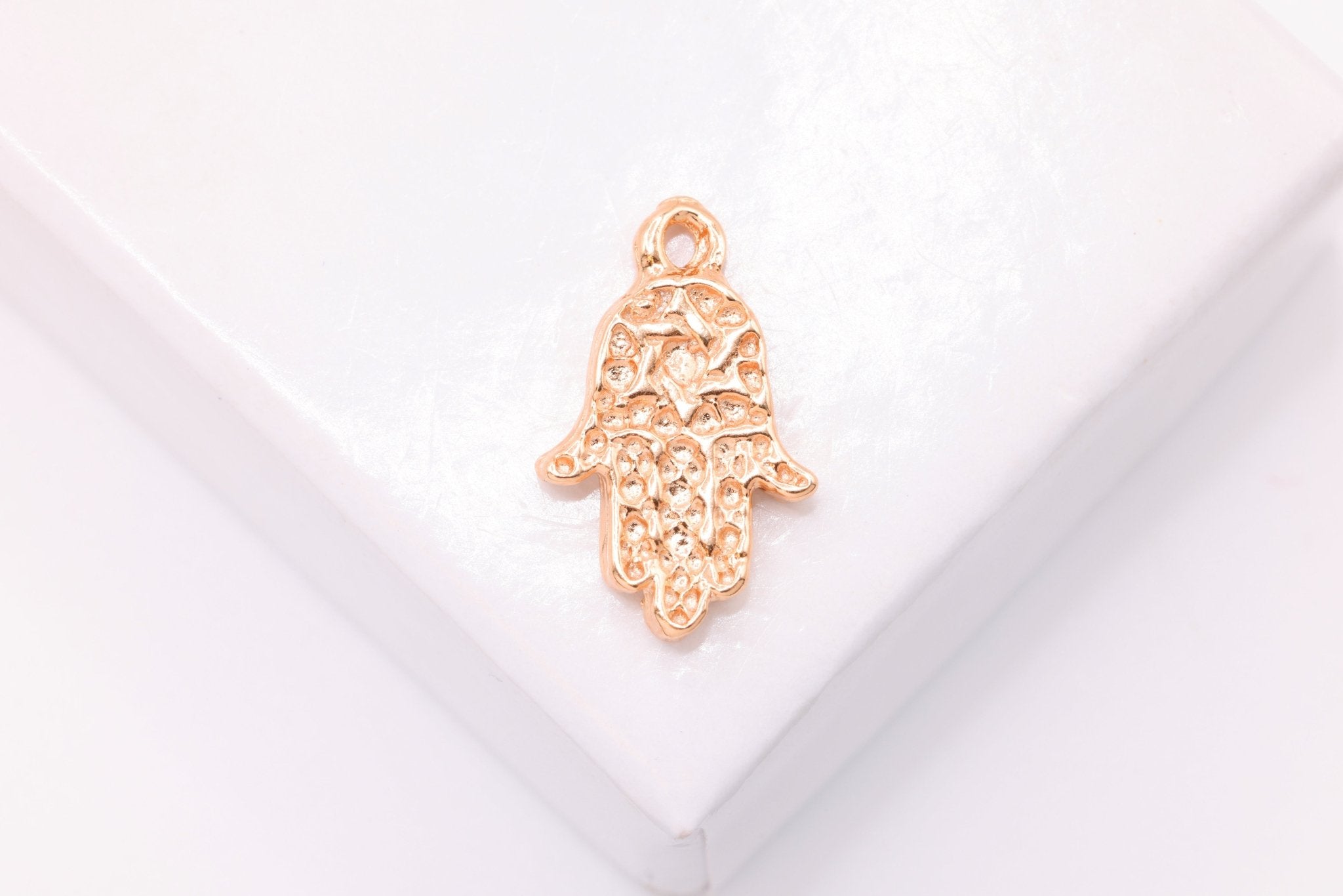 Hamsa Hand Charm, Wholesale, 18K Rose Gold - Plated 925 Sterling Silver, 15mm x 9mm, Fatima Good Luck Yoga Evil Eye - HarperCrown
