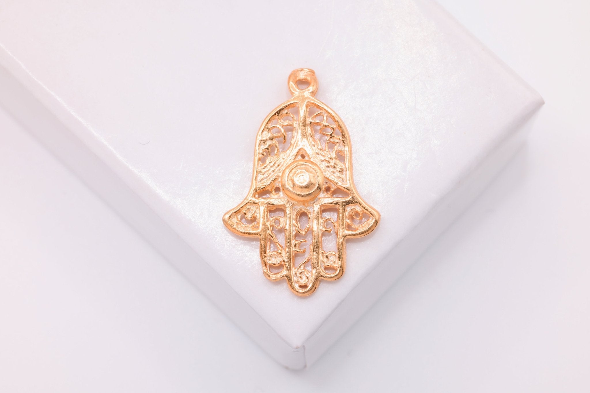 Hamsa Hand Charm, Wholesale, 18K Rose Gold - Plated 925 Sterling Silver, 20mm x 15mm, Evil Eye - HarperCrown