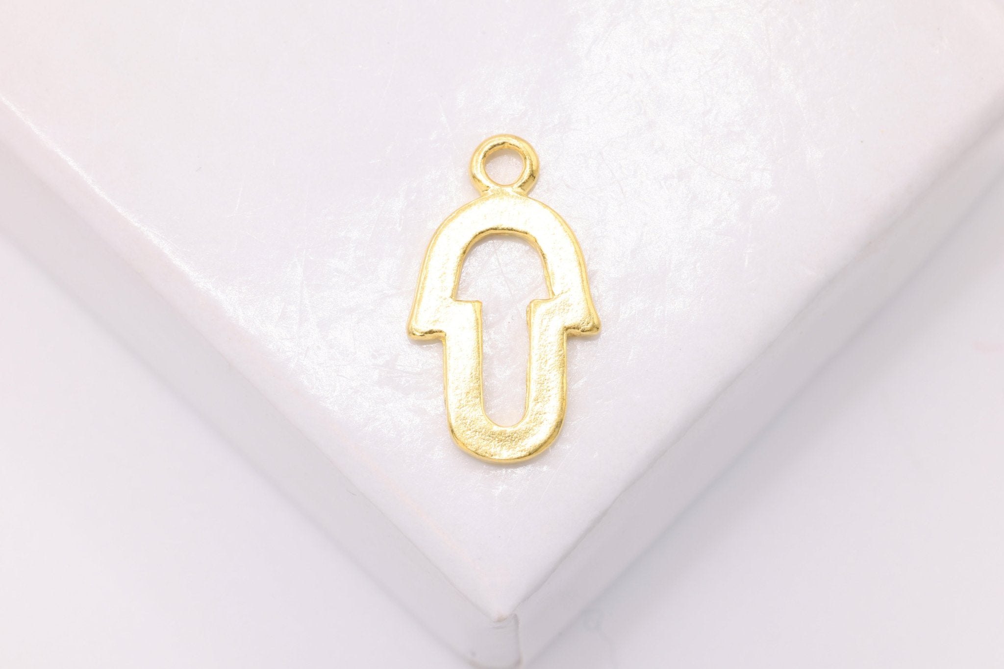Hamsa Hand Open Cutout Charm, Wholesale, 14K Solid Gold, 14mm x 8mm, Fatima Good Luck Yoga - HarperCrown