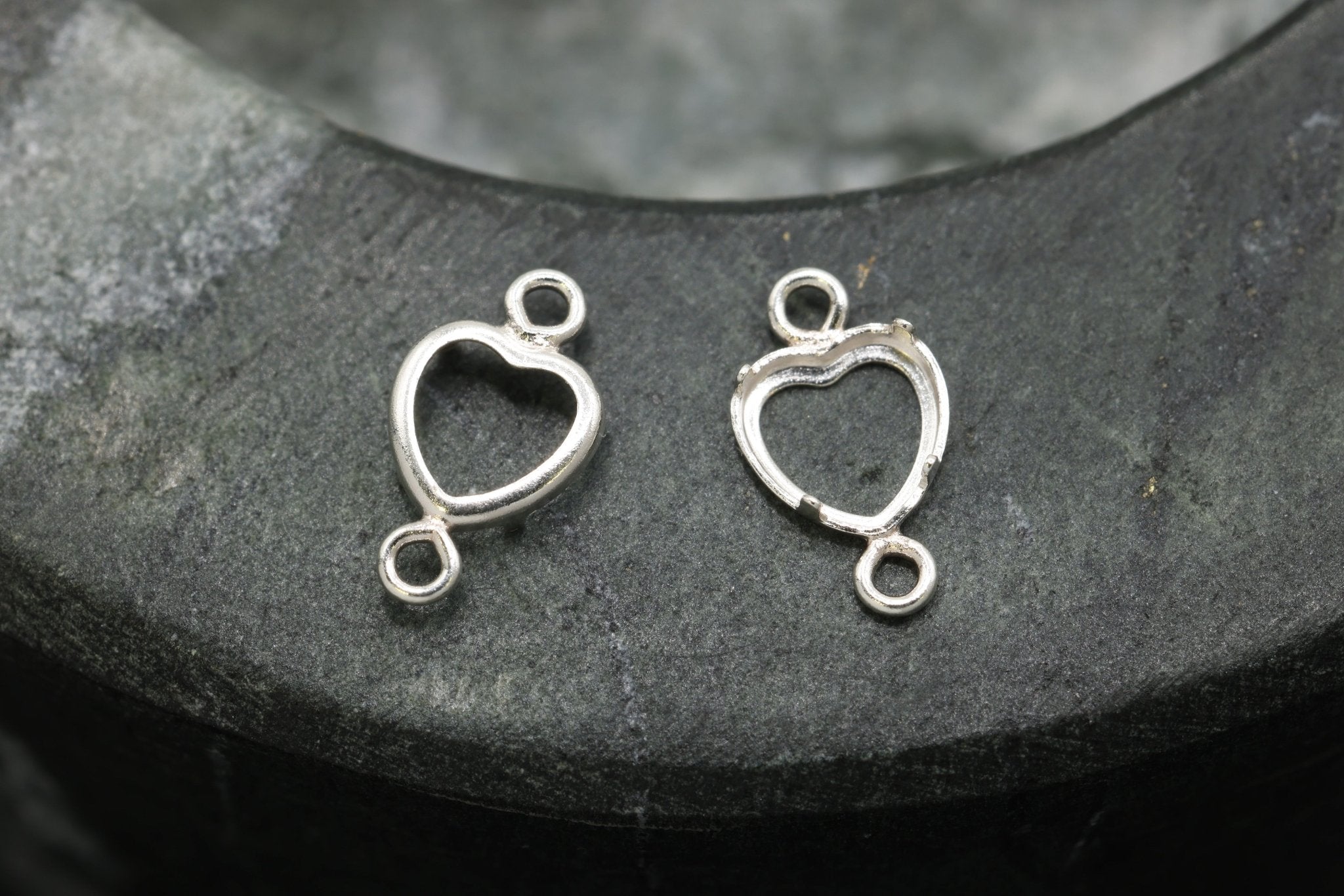 Heart Connector Bezel Self Set Bracket Charm, 925 Sterling Silver, 4mm x 4mm, Wholesale, Jewelry Making Charm - HarperCrown