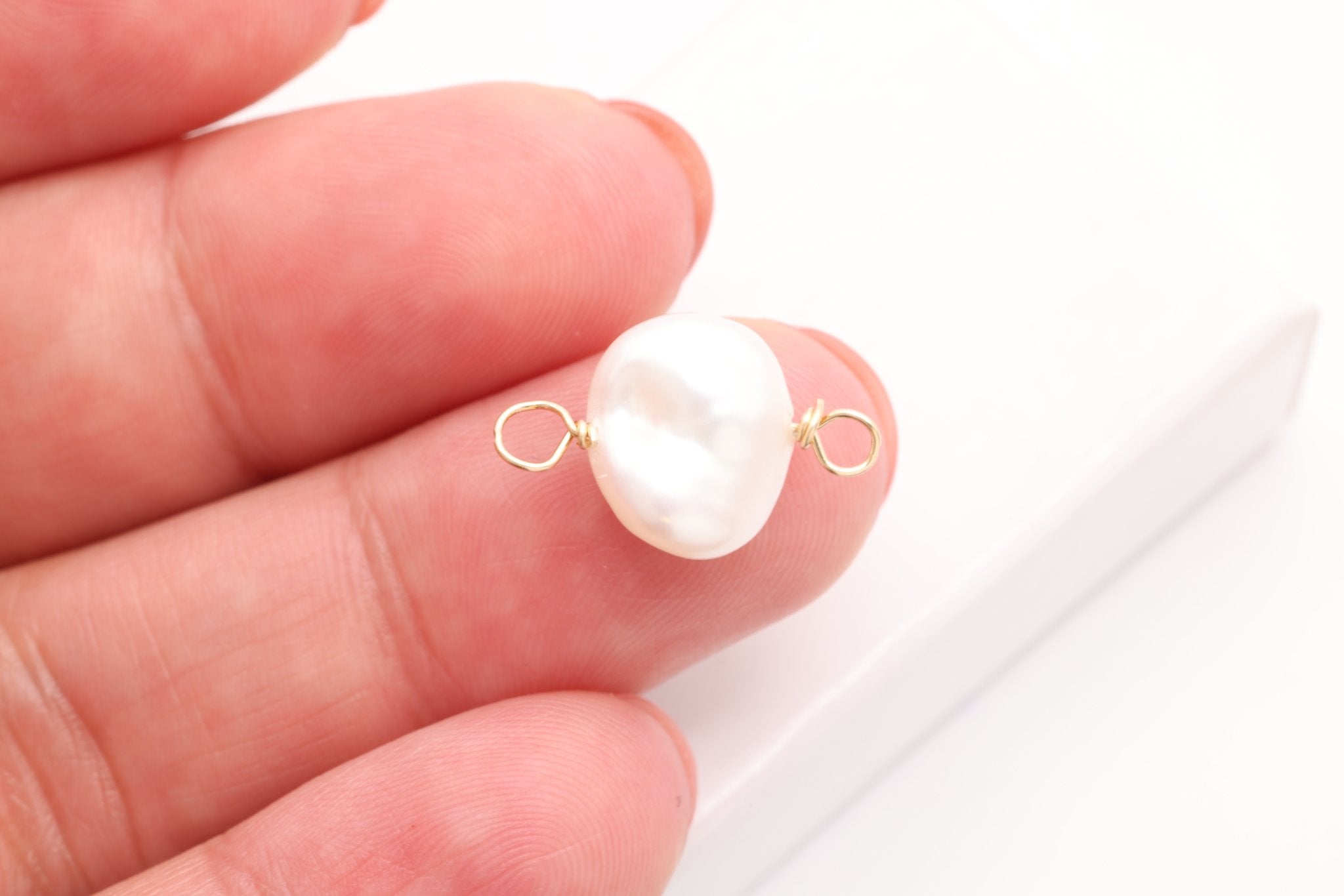 Keshi Freshwater Pearl Connector Charm, Gold - Filled, 16mm x 10mm, Wire Wrapped Pearl, Bulk DIY Wholesale Jewelry Making Charm - HarperCrown