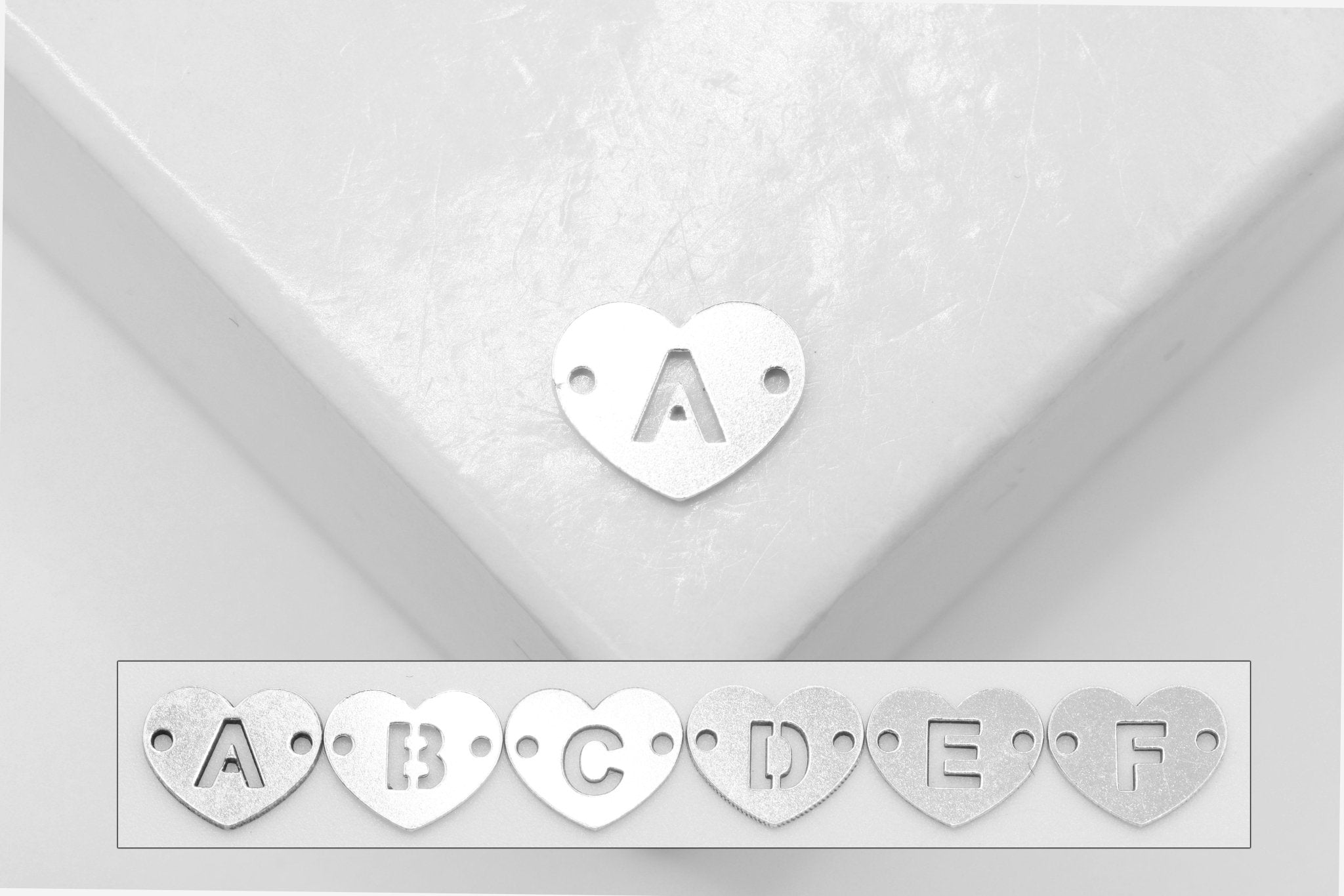 Letter Heart Connector Charm A - Z, Wholesale, 925 Sterling Silver, 8mm x 6mm, Alphabet Personalized Permanent Jewelry Charm - HarperCrown