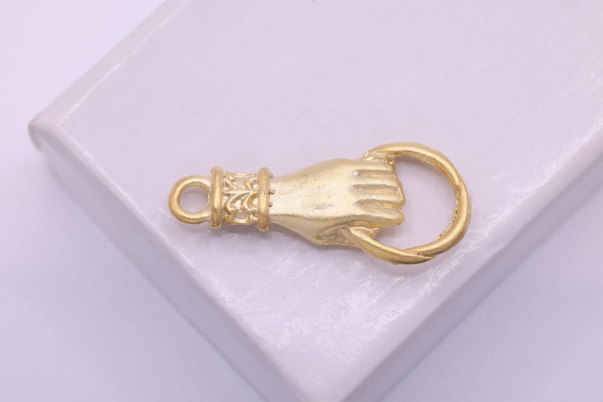 Matte Vermeil Gold Hand Connector - 18k gold plated over Sterling Silver, Hand of Fatima connector, Hand Holding Ring Connector, hand, 34 - HarperCrown