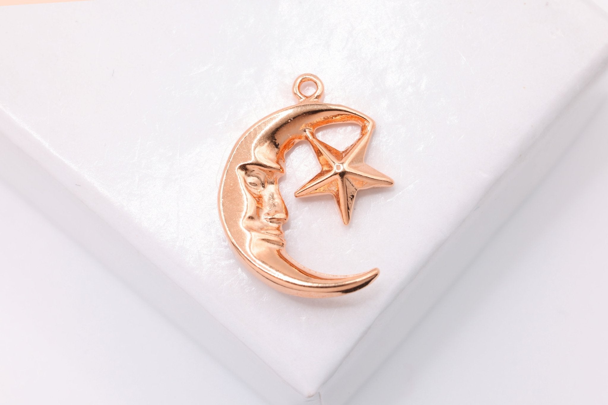 Moon Face and Star Charm, Wholesale, 18K Rose Gold - Plated 925 Sterling Silver, 15mm x 12mm, Celestial Crescent Moon - HarperCrown