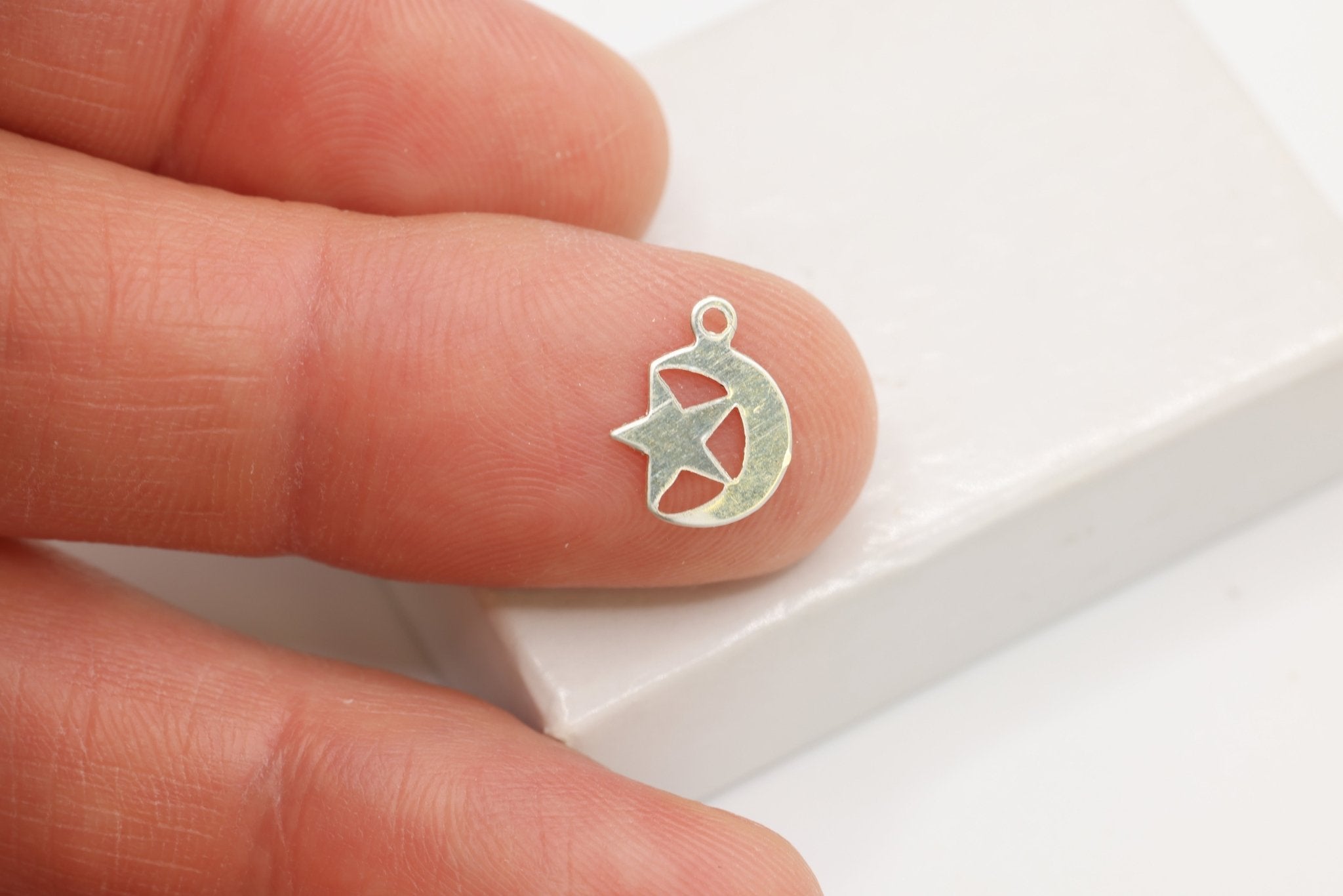 Moon Star Charm, 925 Sterling Silver, 10mm x 8mm, Wholesale, Celestial, Jewelry Making Charm - HarperCrown