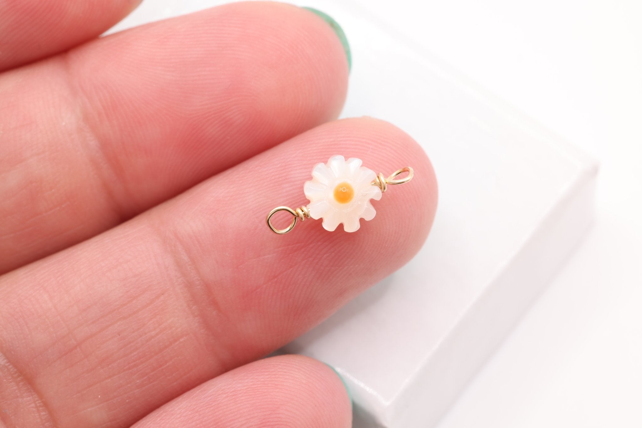 Mother of Pearl Daisy Connector Charm, Gold - Filled, 12mm x 6mm, Wire Wrapped, Bulk DIY Wholesale Jewelry Making Charm - HarperCrown