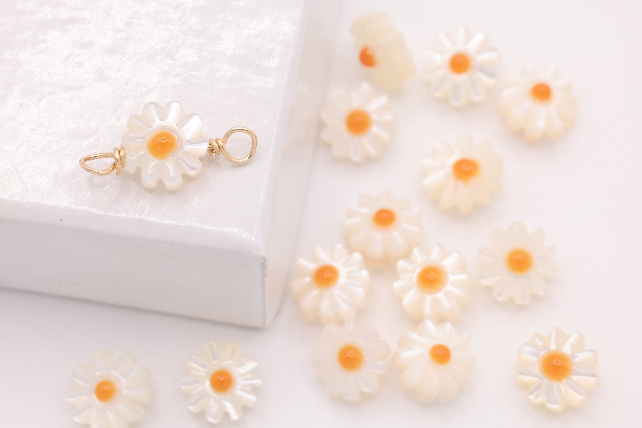 Mother of Pearl Daisy Connector Charm, Gold - Filled, 12mm x 6mm, Wire Wrapped, Bulk DIY Wholesale Jewelry Making Charm - HarperCrown